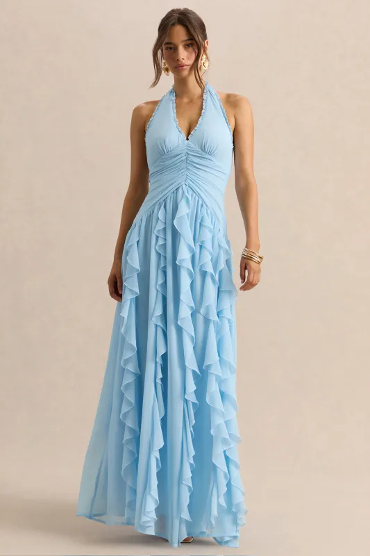 Bea | Powder Blue Plunge-Neck Ruffled Maxi Dress made by Club L London