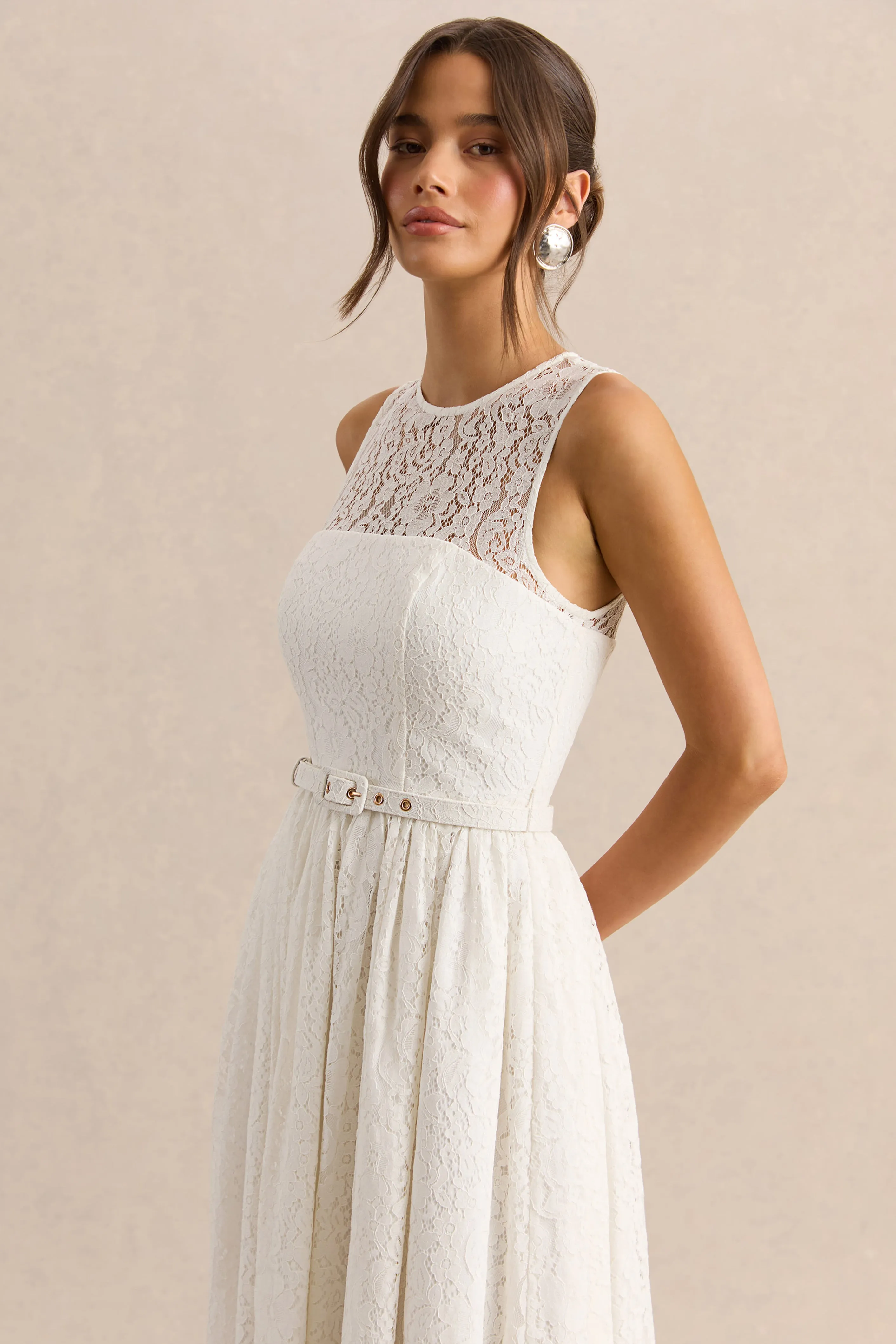 Anabella | White Lace Crew-Neck Belted Midi-Dress sold by Club L London product image thumbnail 3