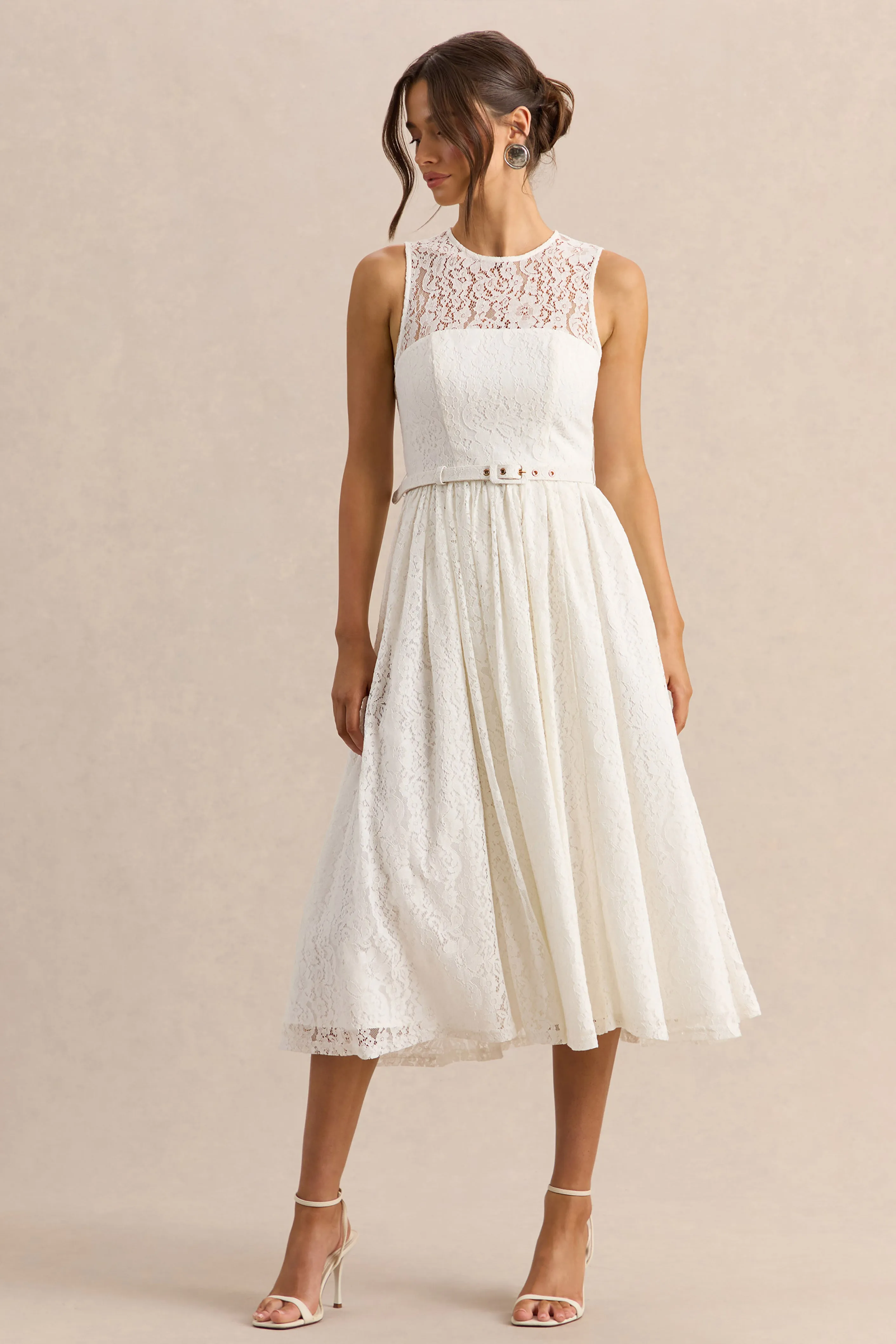 Anabella | White Lace Crew-Neck Belted Midi-Dress sold by Club L London product image thumbnail 4
