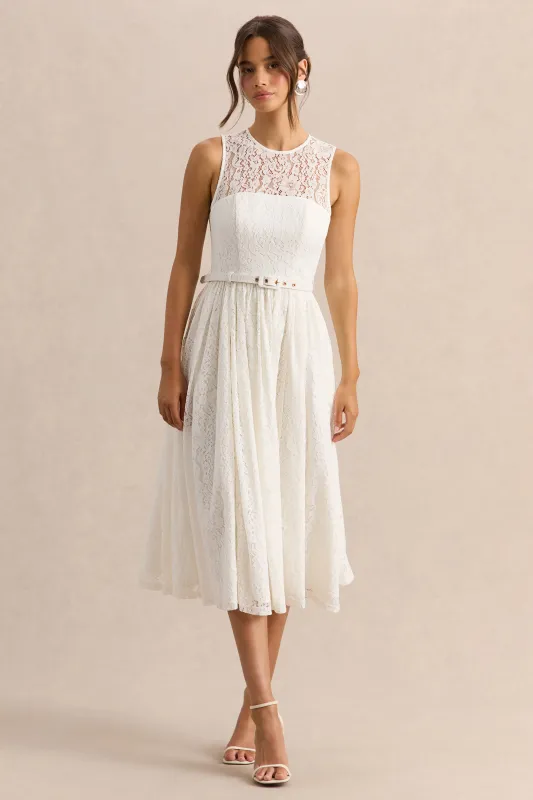 Anabella | White Lace Crew-Neck Belted Midi-Dress made by Club L London