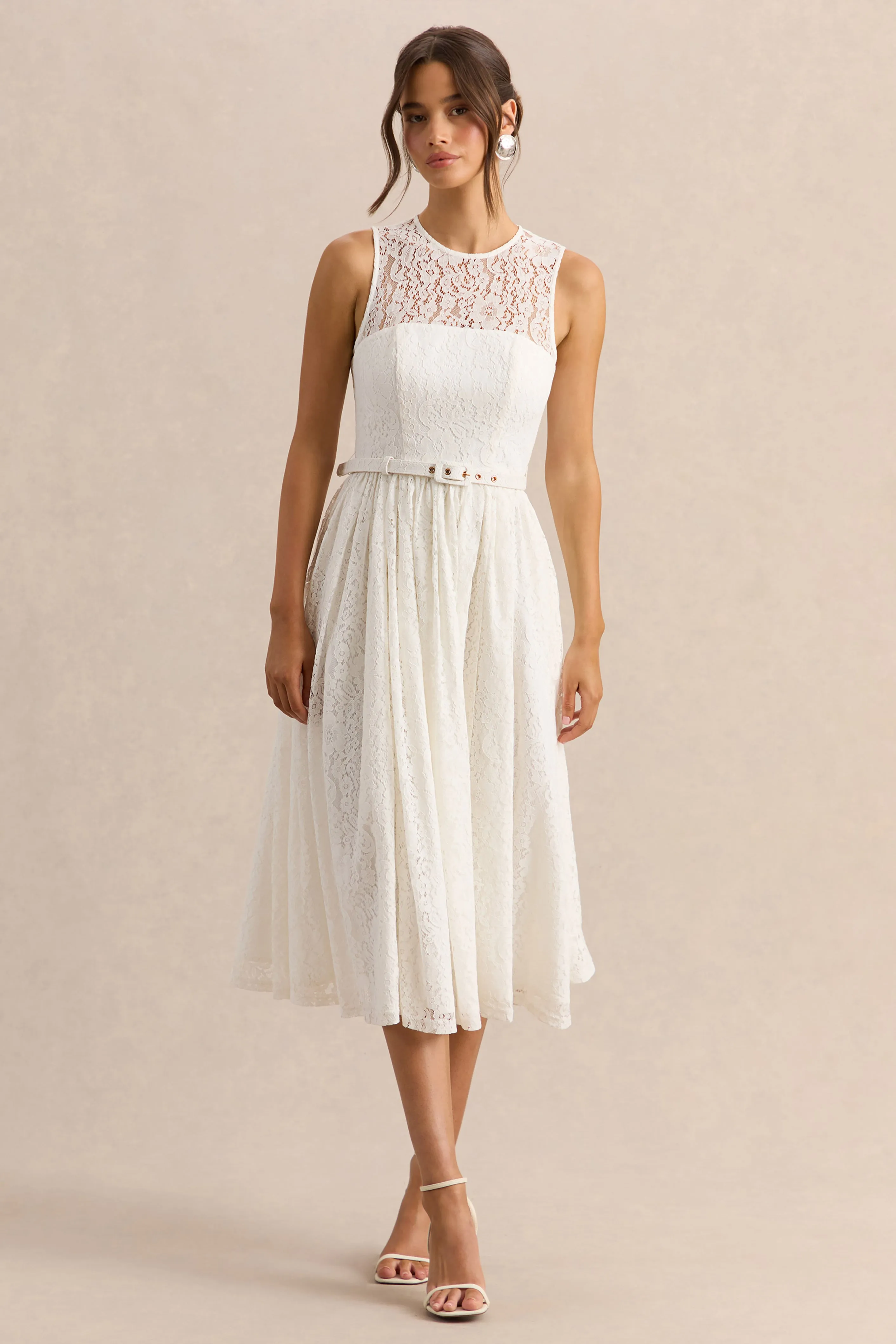 Anabella | White Lace Crew-Neck Belted Midi-Dress sold by Club L London