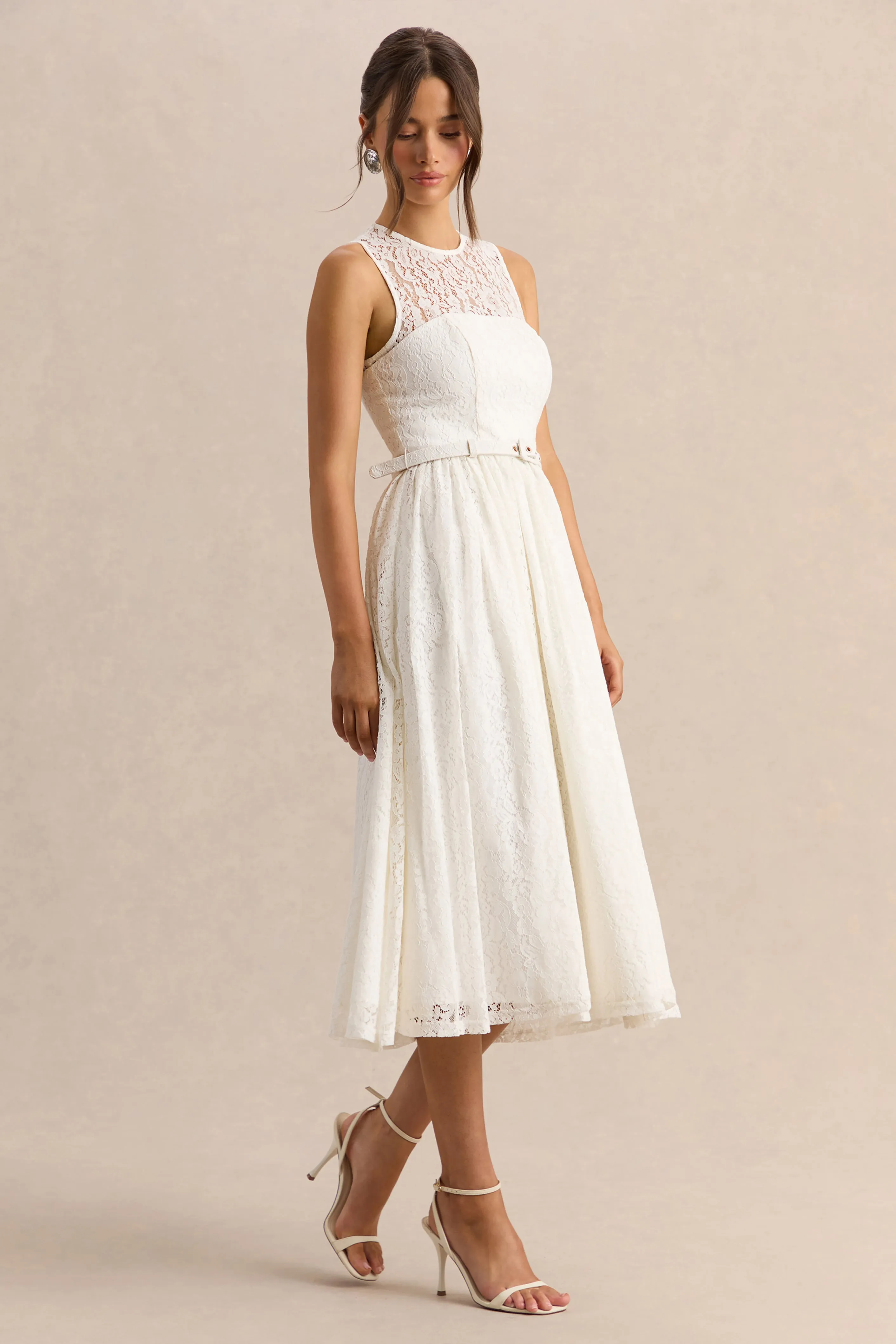 Anabella | White Lace Crew-Neck Belted Midi-Dress sold by Club L London product image thumbnail 5