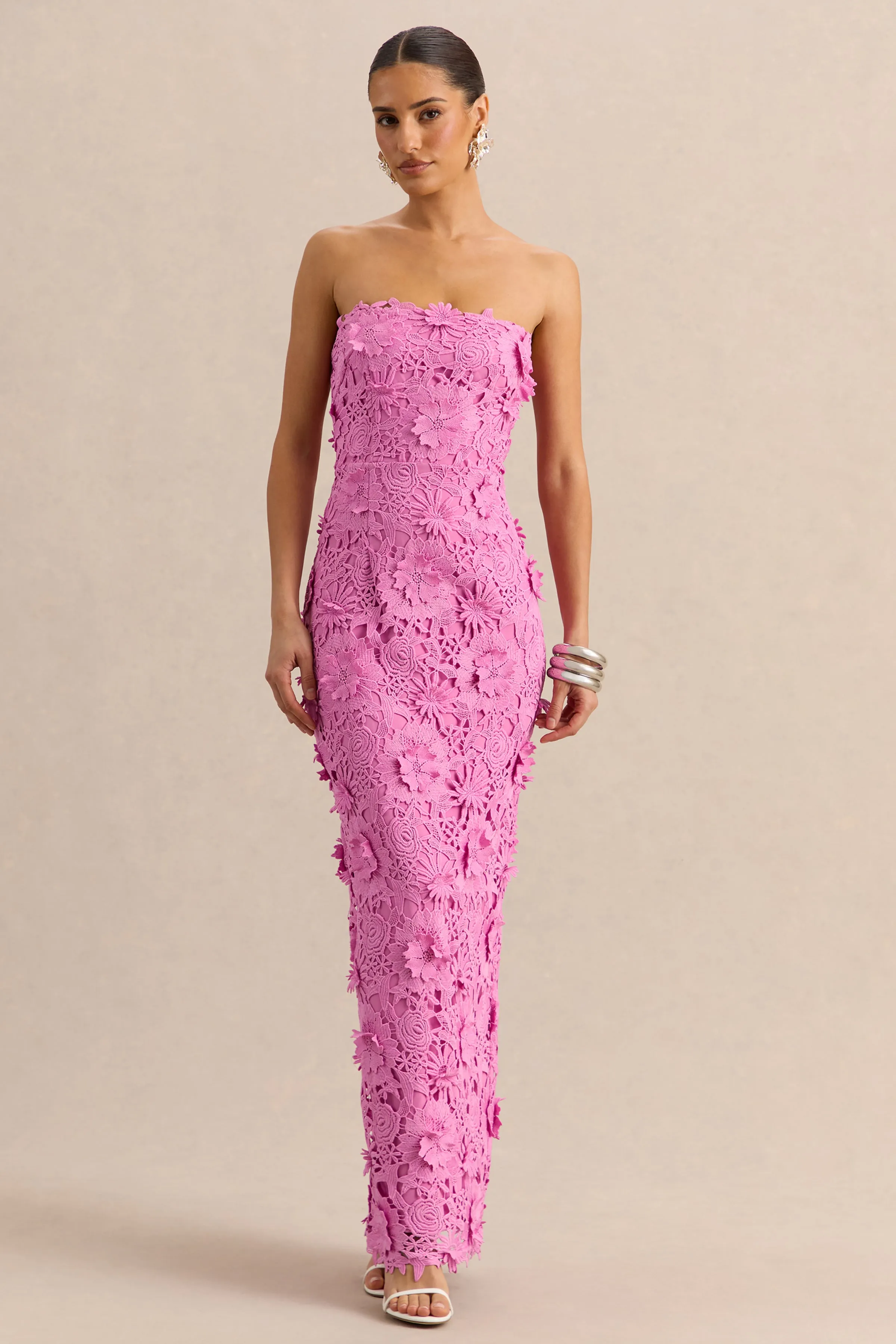 Gracie | Pink Lace Bandeau Maxi Dress sold by Club L London