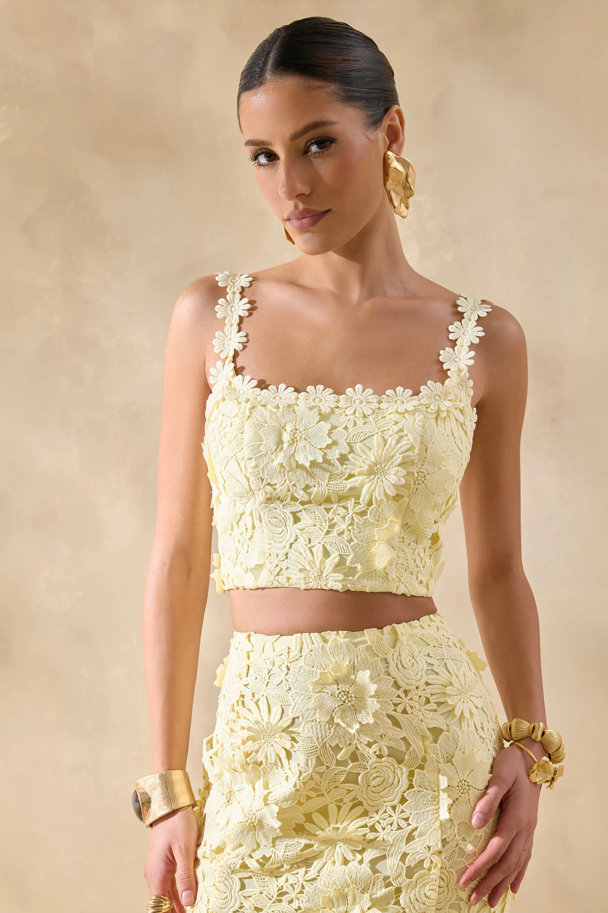 Blythe | Lemon Lace Square-Neck Crop-Top sold by Club L London product image thumbnail 5