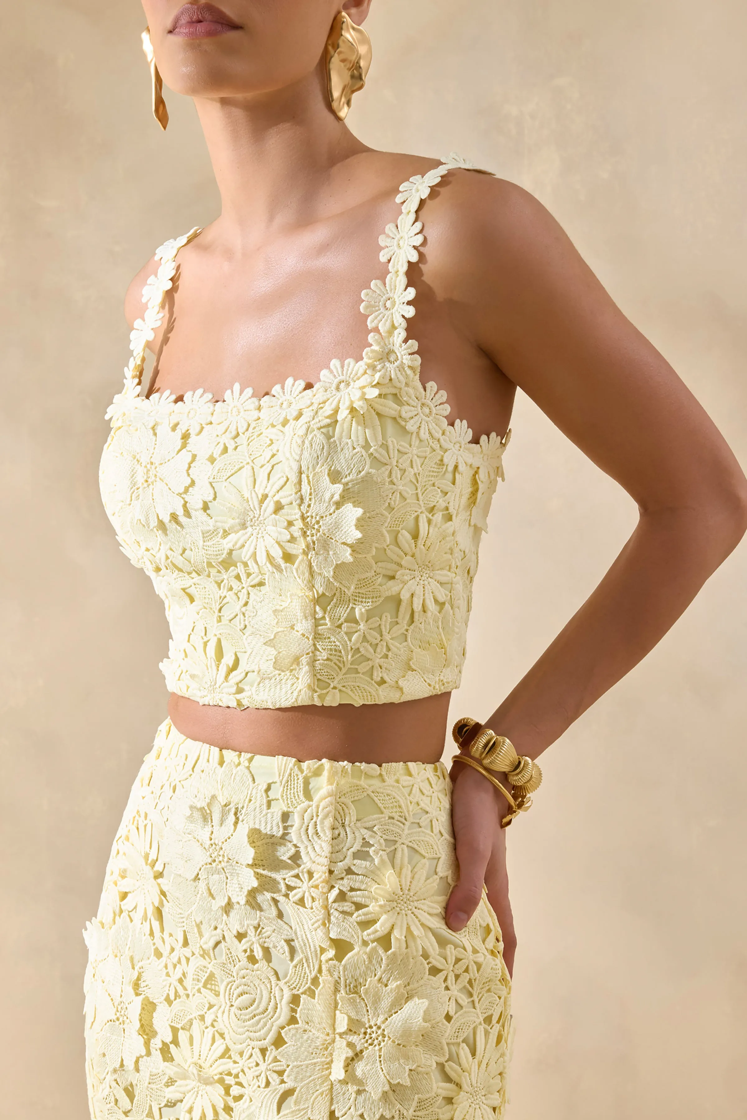 Blythe | Lemon Lace Square-Neck Crop-Top sold by Club L London product image thumbnail 4