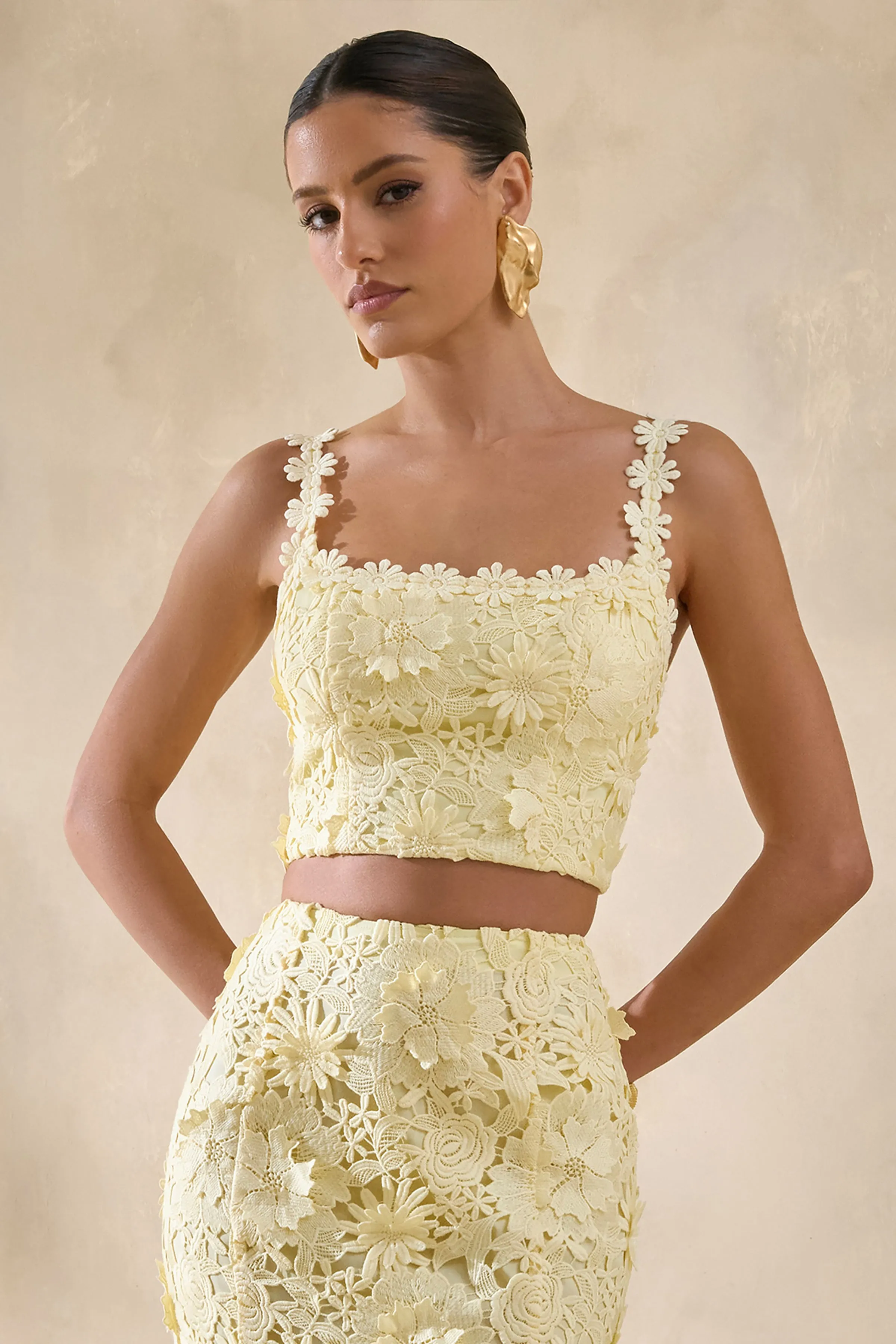 Blythe | Lemon Lace Square-Neck Crop-Top sold by Club L London