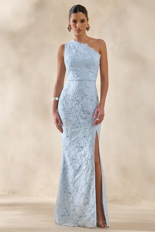 Lunia | Powder Blue Broderie Asymmetric-Neck Maxi Dress made by Club L London