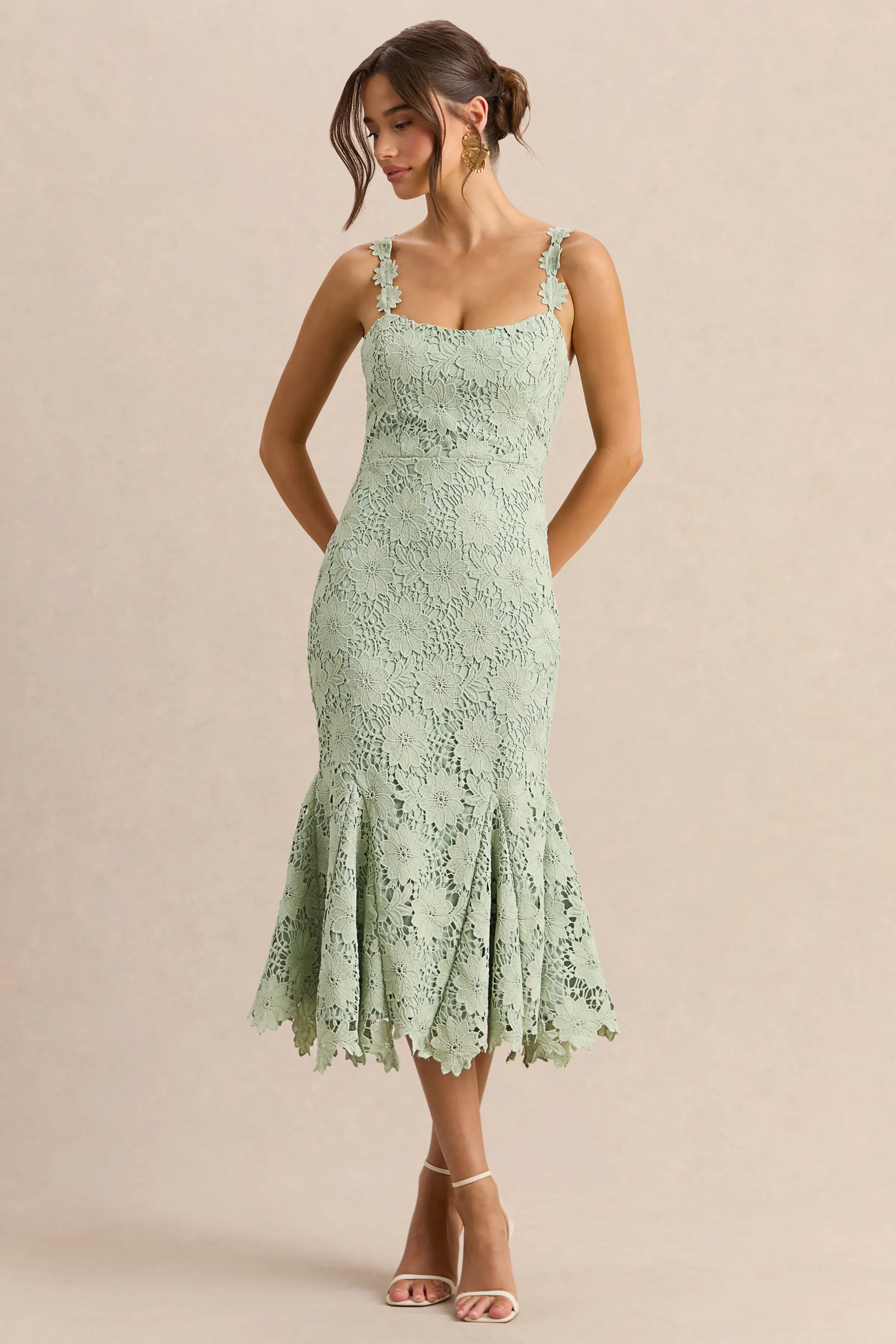 Melia | Sage Lace Scoop-Neck Midi Dress sold by Club L London