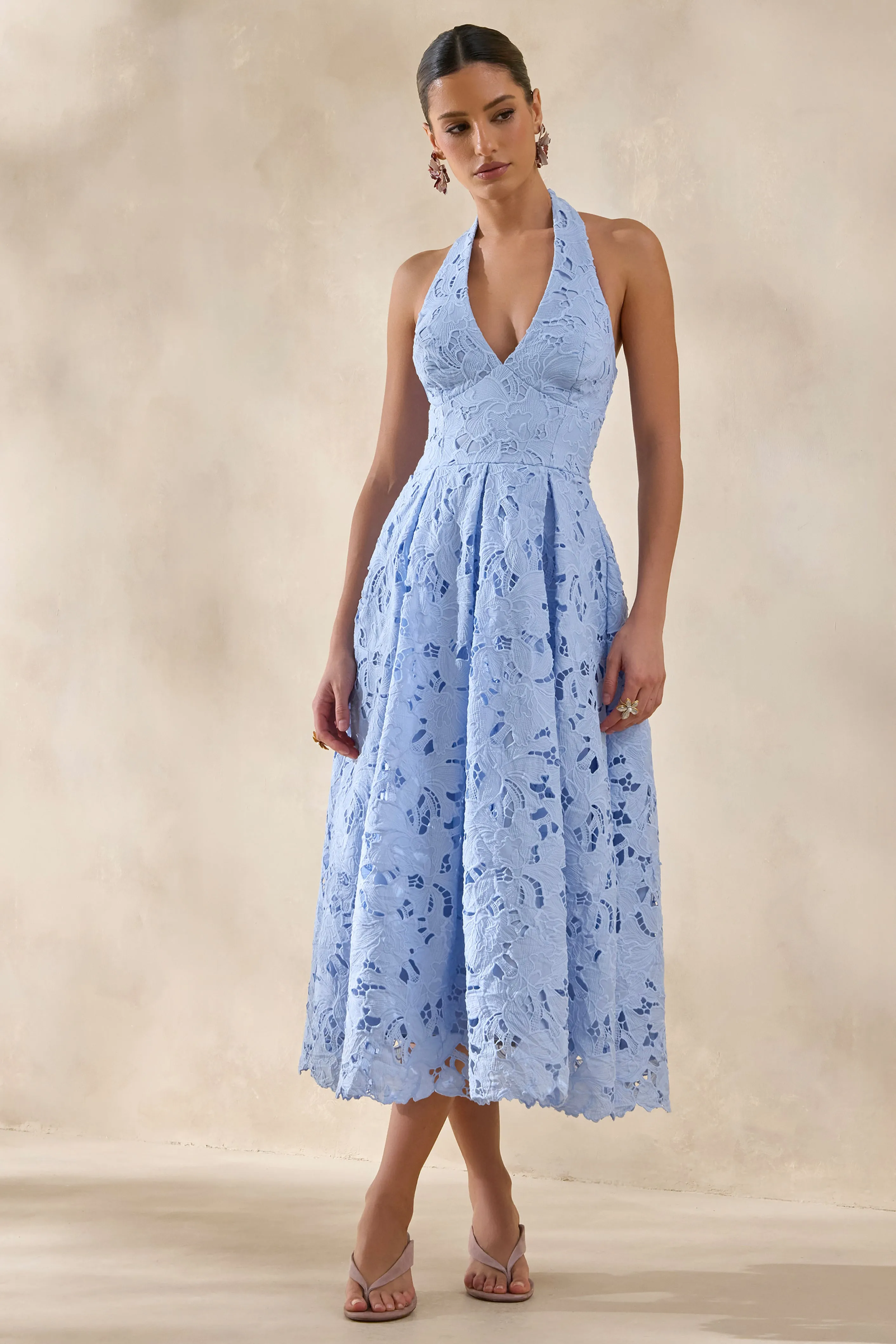 Maribel | Powder Blue Lace Plunge-Neck Midi Dress sold by Club L London product image thumbnail 4