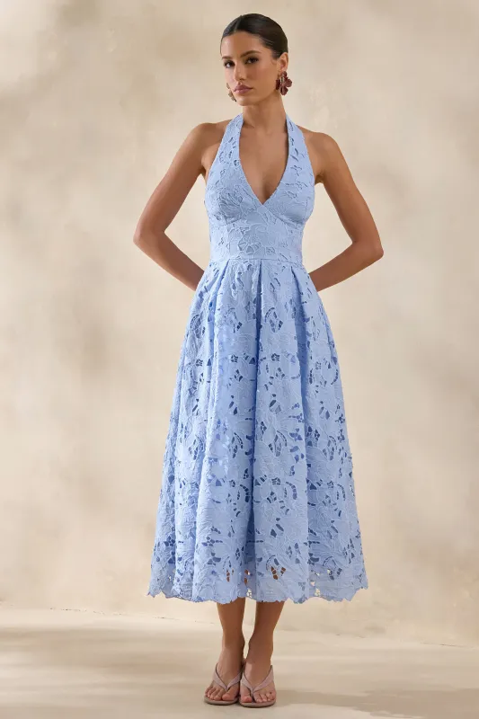 Maribel | Powder Blue Lace Plunge-Neck Midi Dress made by Club L London