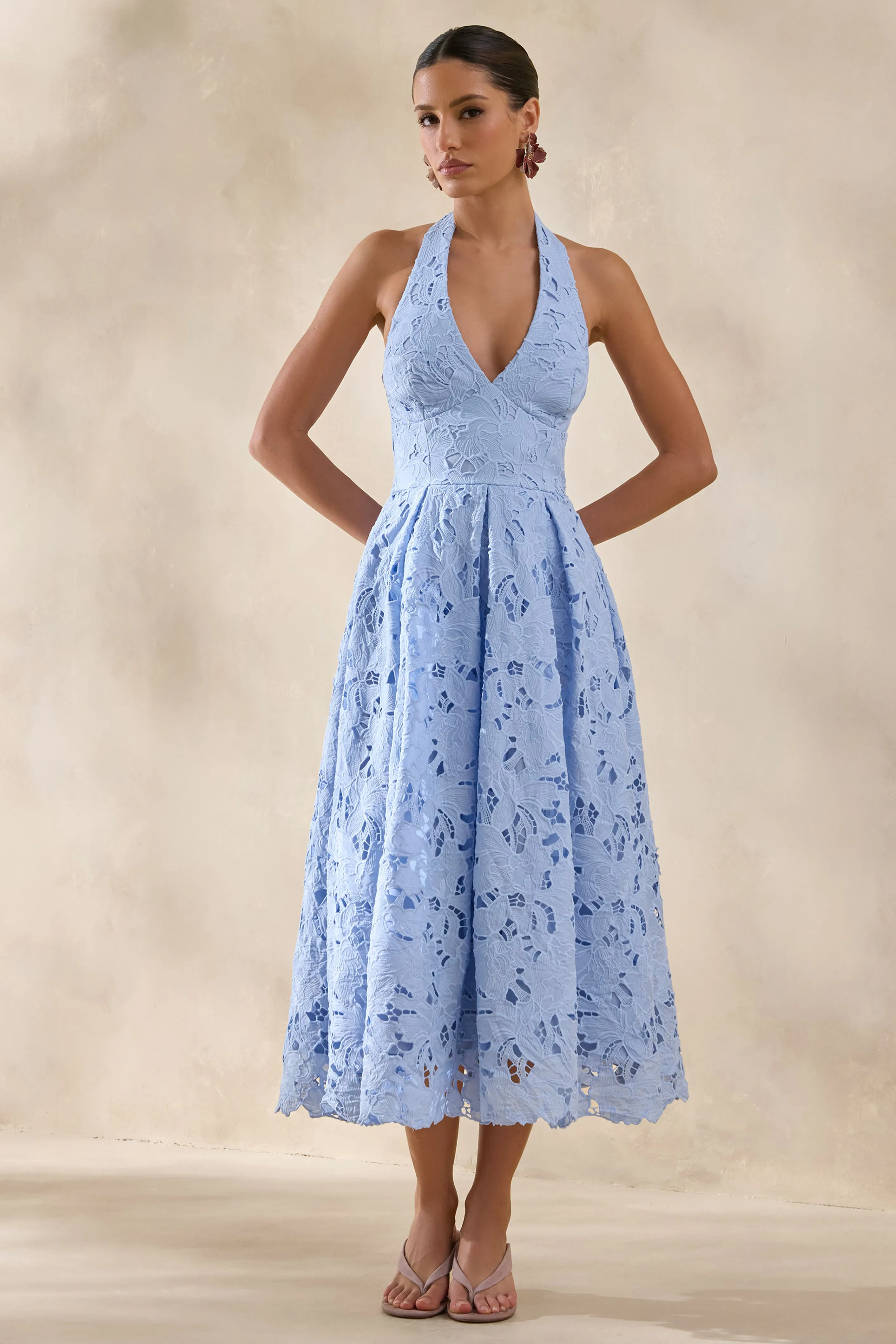 Maribel | Powder Blue Lace Plunge-Neck Midi Dress sold by Club L London