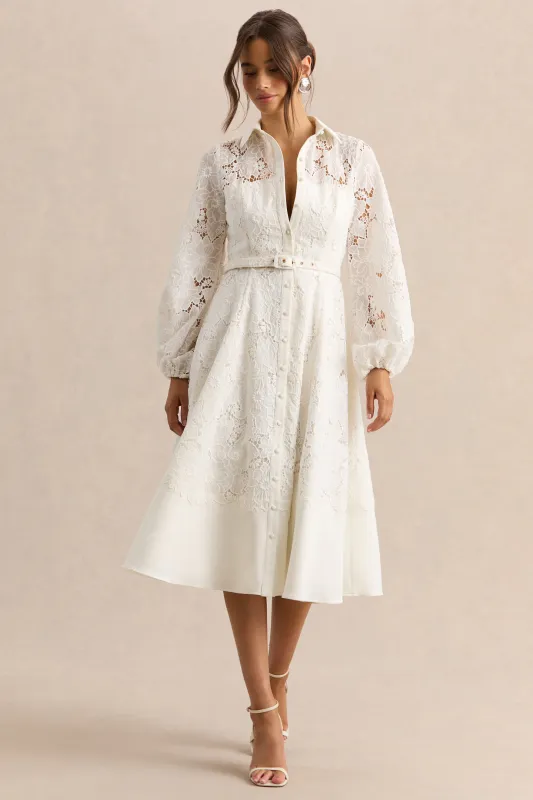 Jules | Cream Broderie High-Neck Tailored Midi Dress With Puff-Sleeves made by Club L London