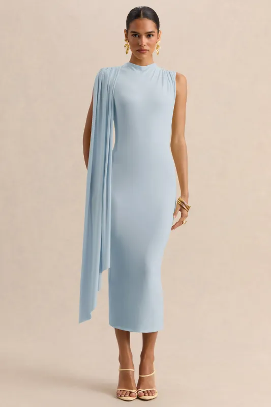 Oleandra | Light Blue High-Neck Midi-Dress With Draped-Detail made by Club L London
