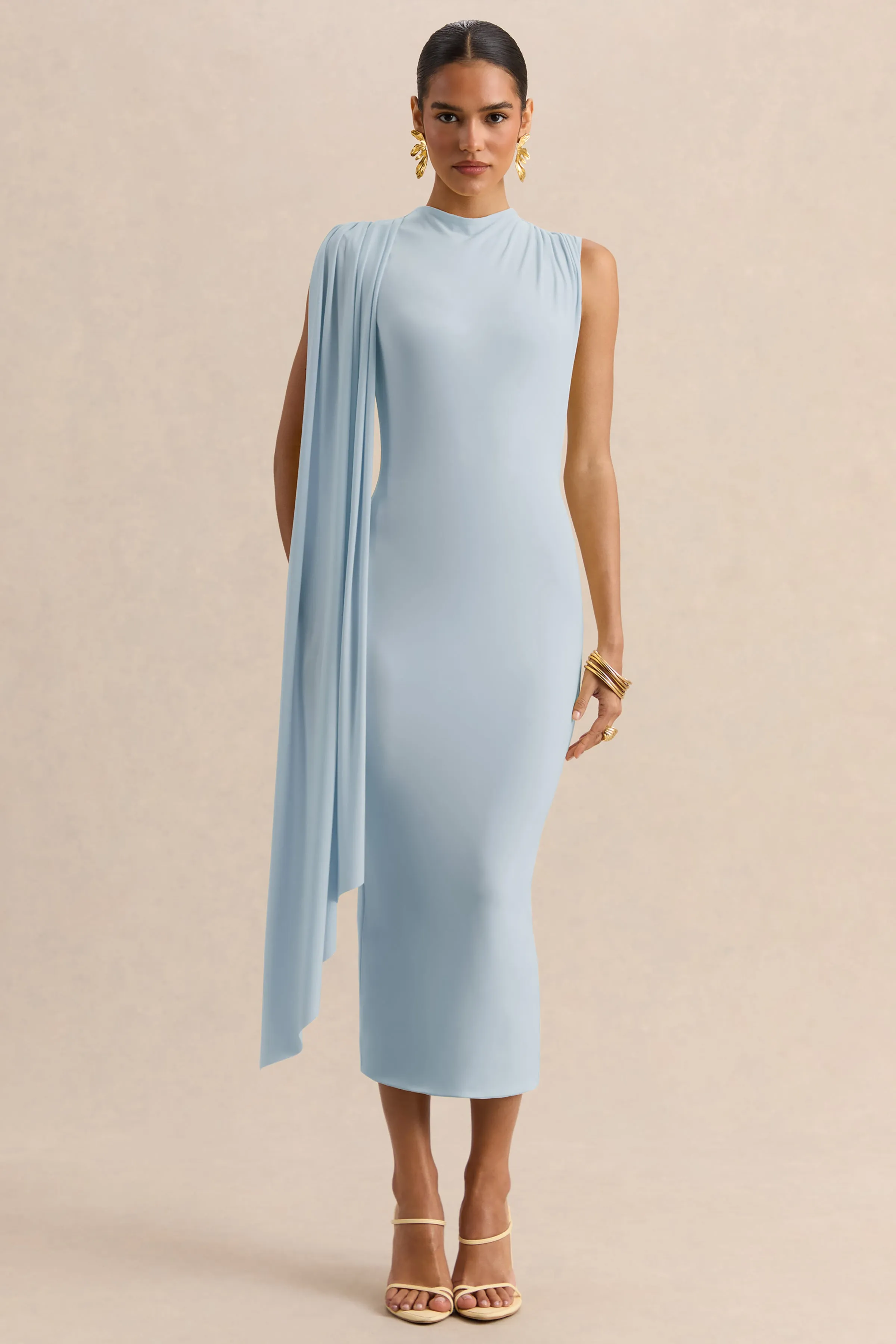 Oleandra | Light Blue High-Neck Midi-Dress With Draped-Detail sold by Club L London
