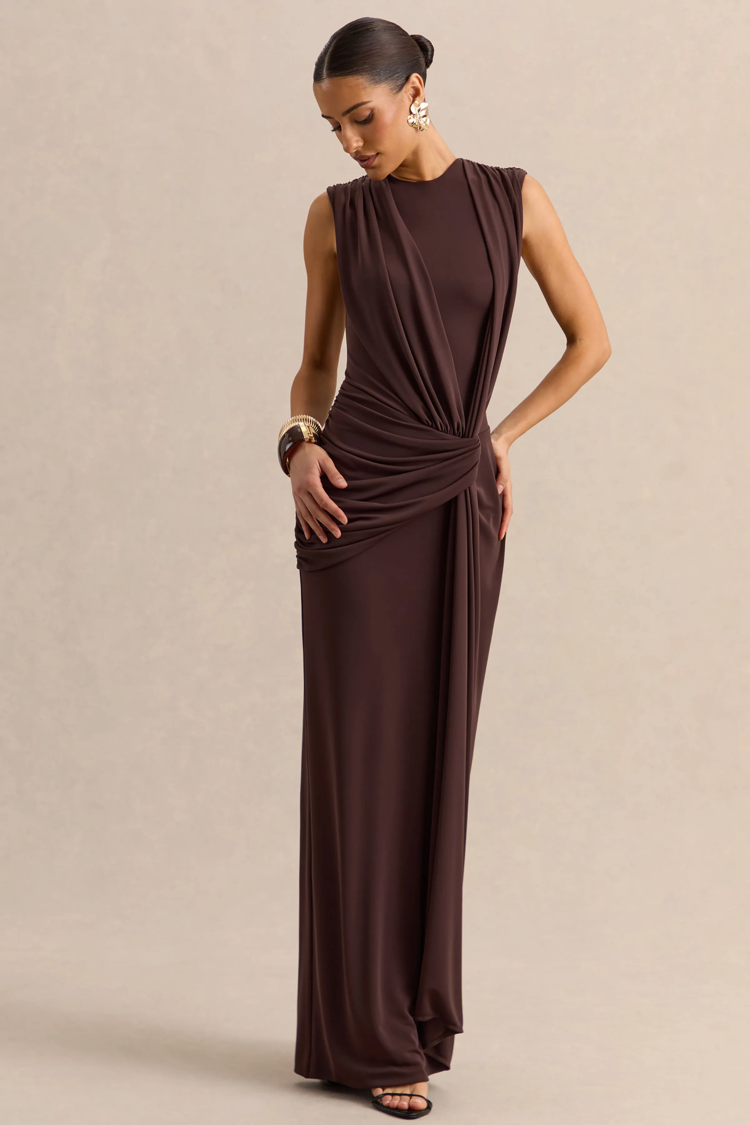 Blythia | Brown Round-Neck Maxi Dress With Gathered-Detailing sold by Club L London product image thumbnail 5