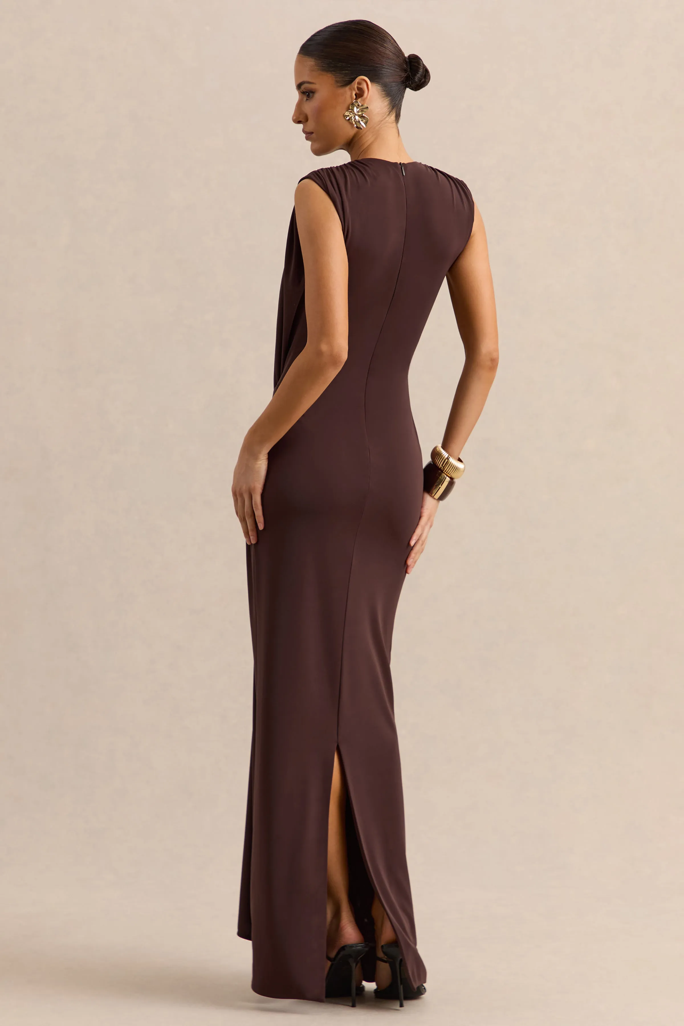 Blythia | Brown Round-Neck Maxi Dress With Gathered-Detailing sold by Club L London product image thumbnail 2