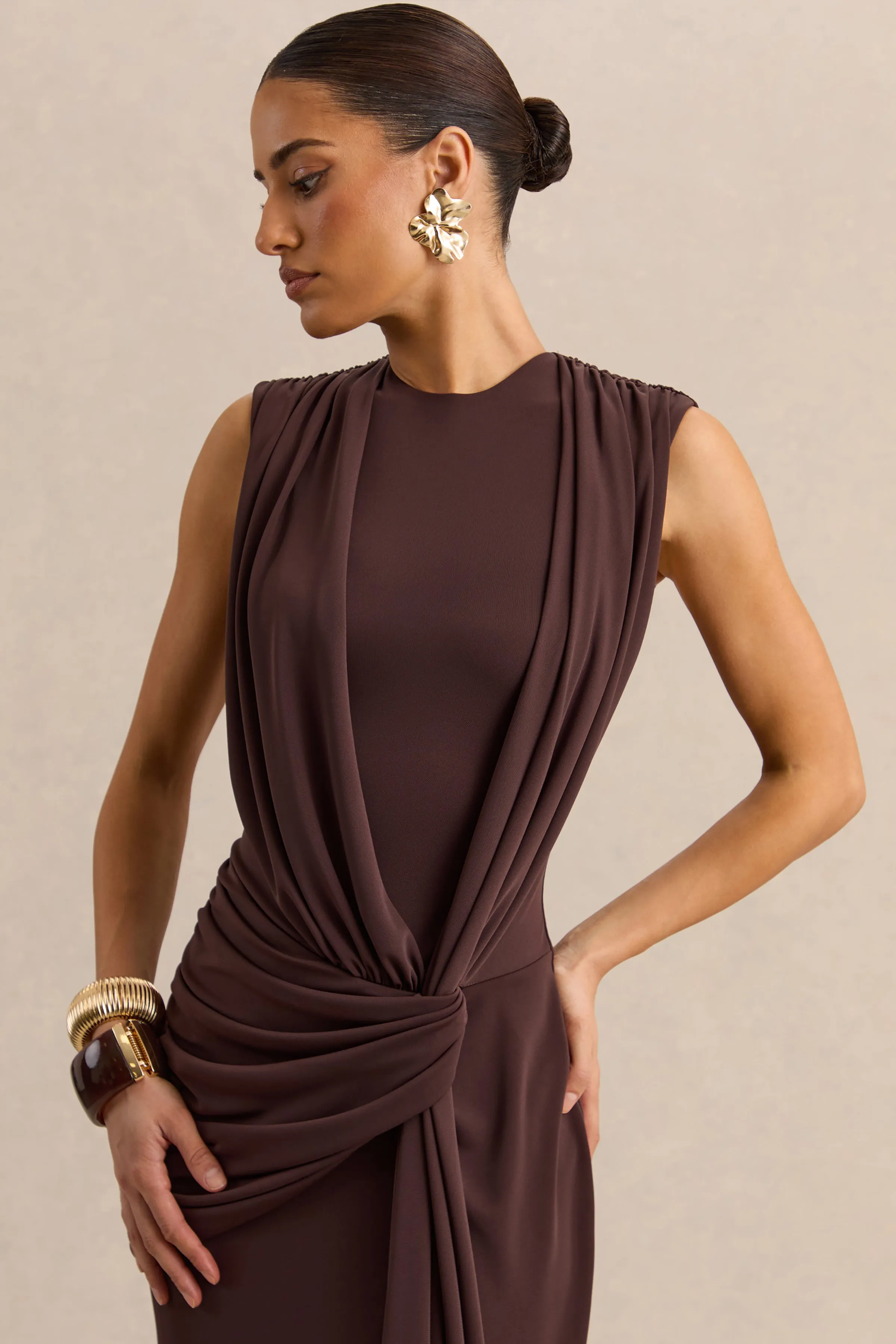 Blythia | Brown Round-Neck Maxi Dress With Gathered-Detailing sold by Club L London product image thumbnail 3