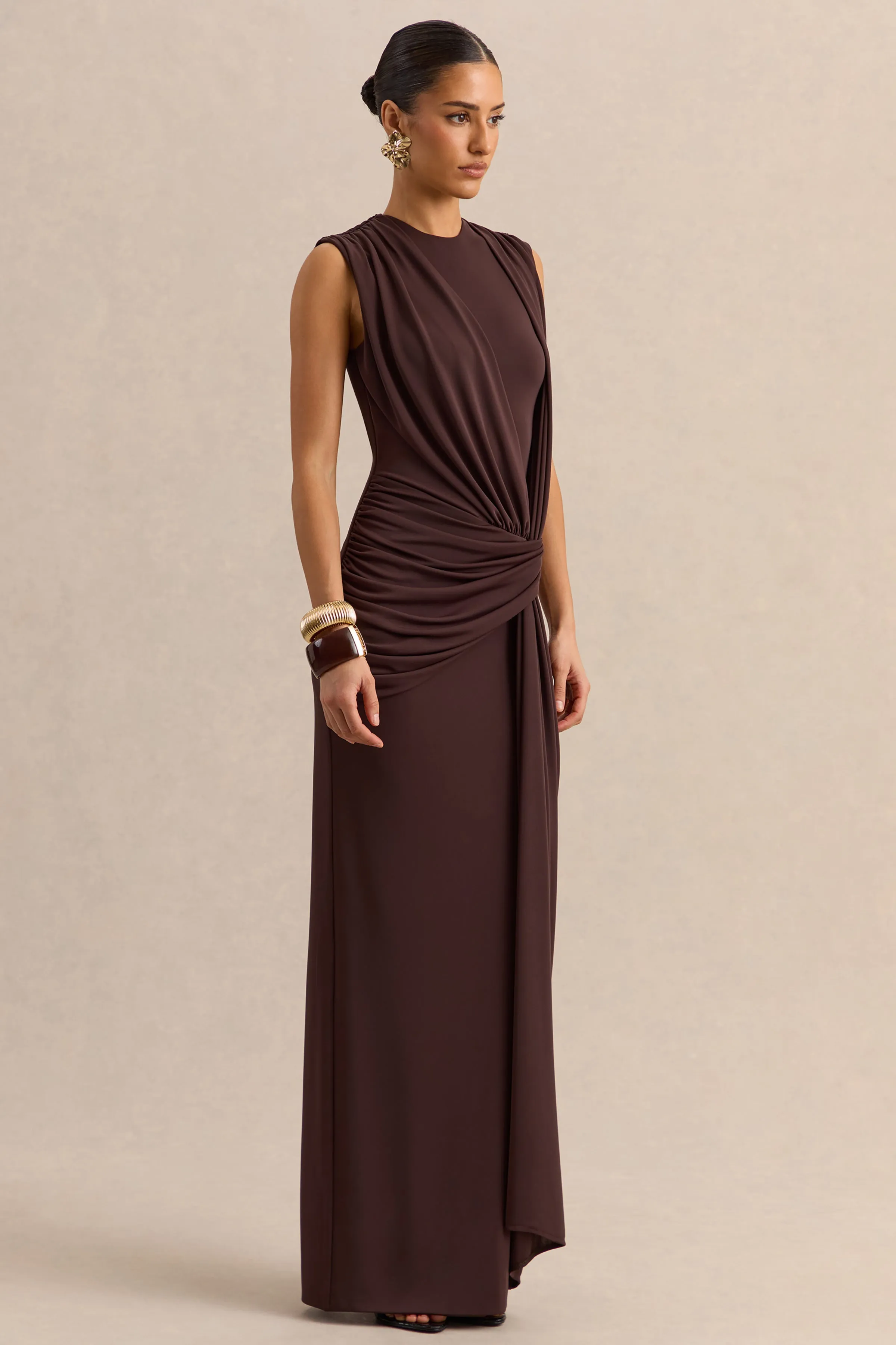 Blythia | Brown Round-Neck Maxi Dress With Gathered-Detailing sold by Club L London product image thumbnail 4