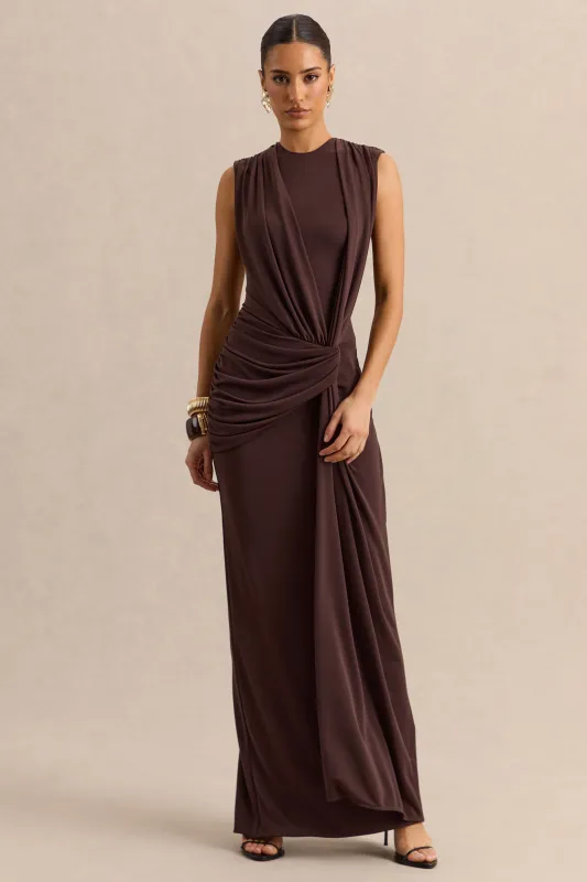 Blythia | Brown Round-Neck Maxi Dress With Gathered-Detailing made by Club L London