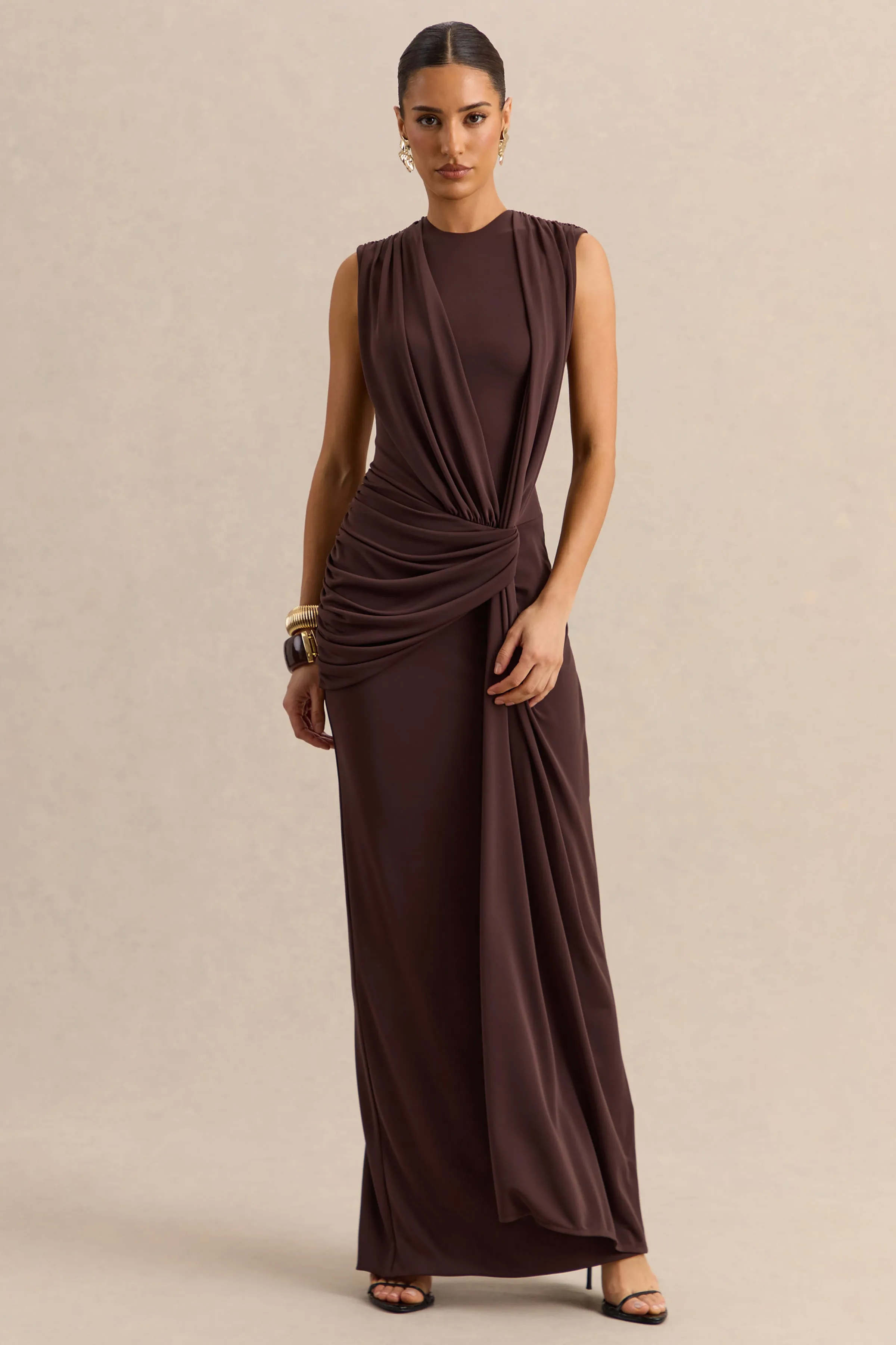 Blythia | Brown Round-Neck Maxi Dress With Gathered-Detailing sold by Club L London
