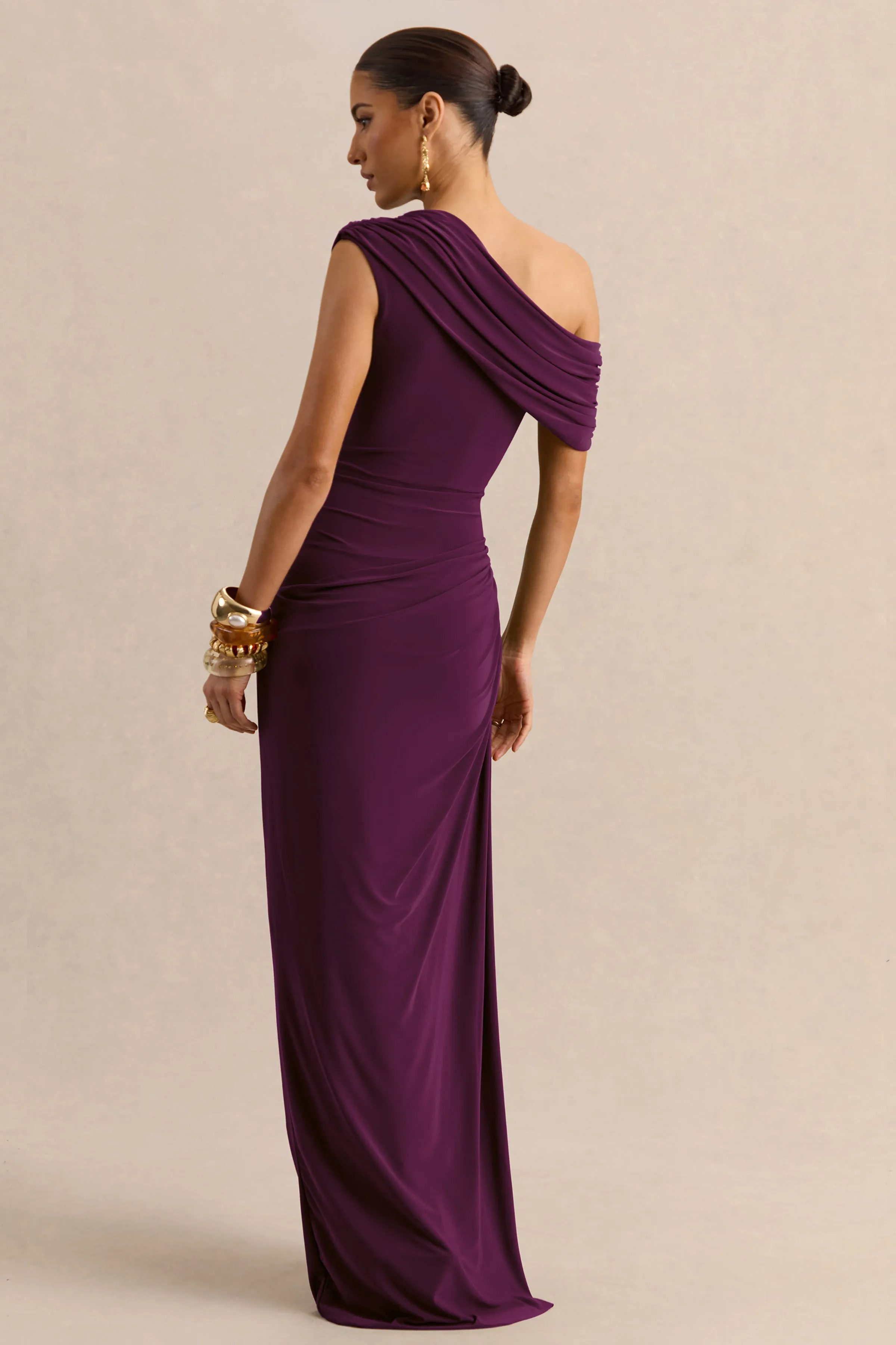 Avialee | Dark Plum Asymmetric-Neck Maxi Dress With Gathered-Detailing And Sash sold by Club L London product image thumbnail 2