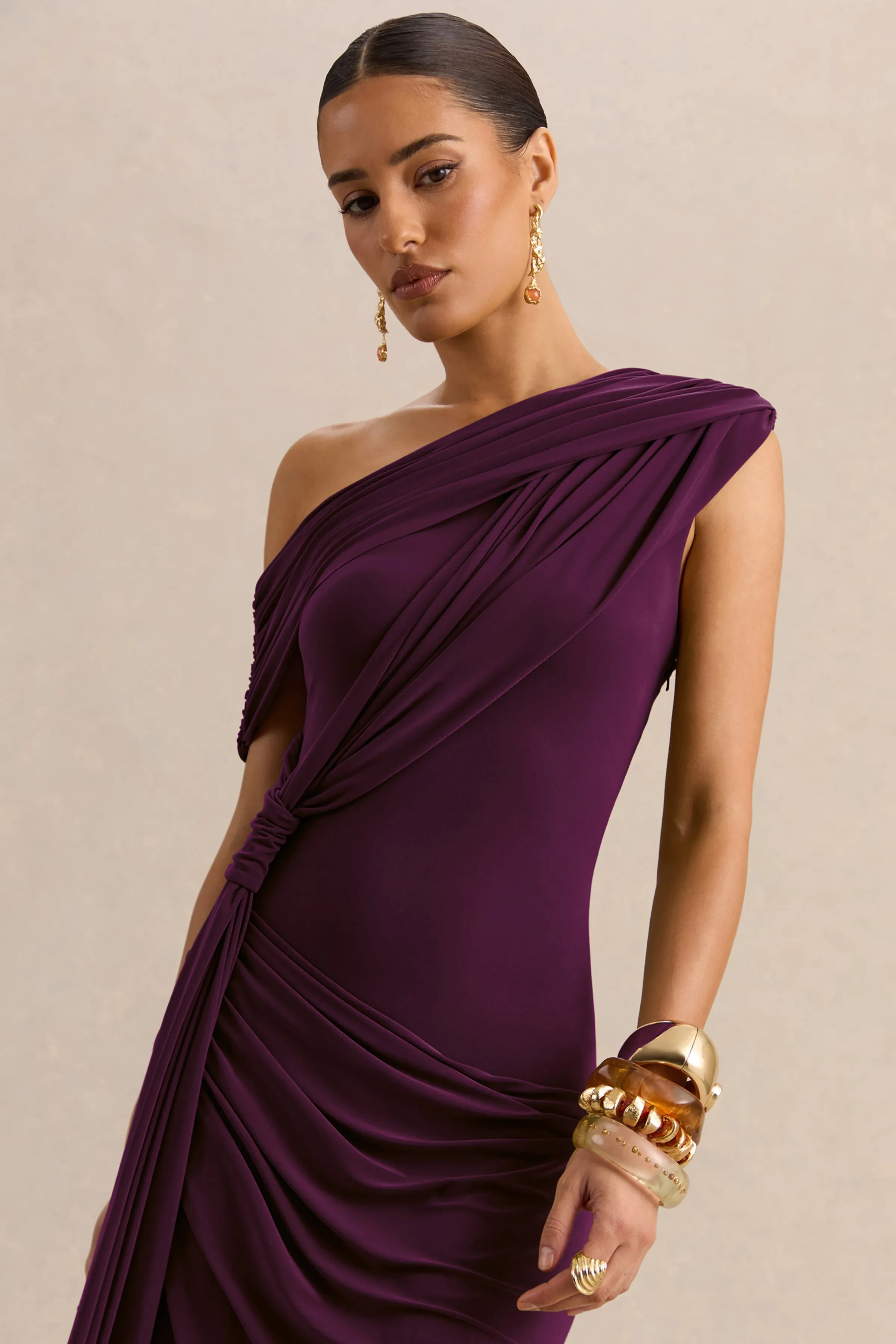 Avialee | Dark Plum Asymmetric-Neck Maxi Dress With Gathered-Detailing And Sash sold by Club L London product image thumbnail 3
