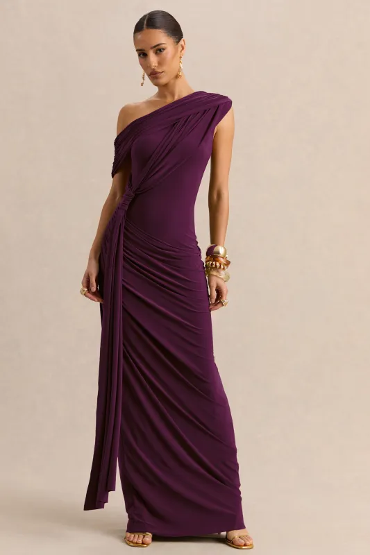 Avialee | Dark Plum Asymmetric-Neck Maxi Dress With Gathered-Detailing And Sash made by Club L London