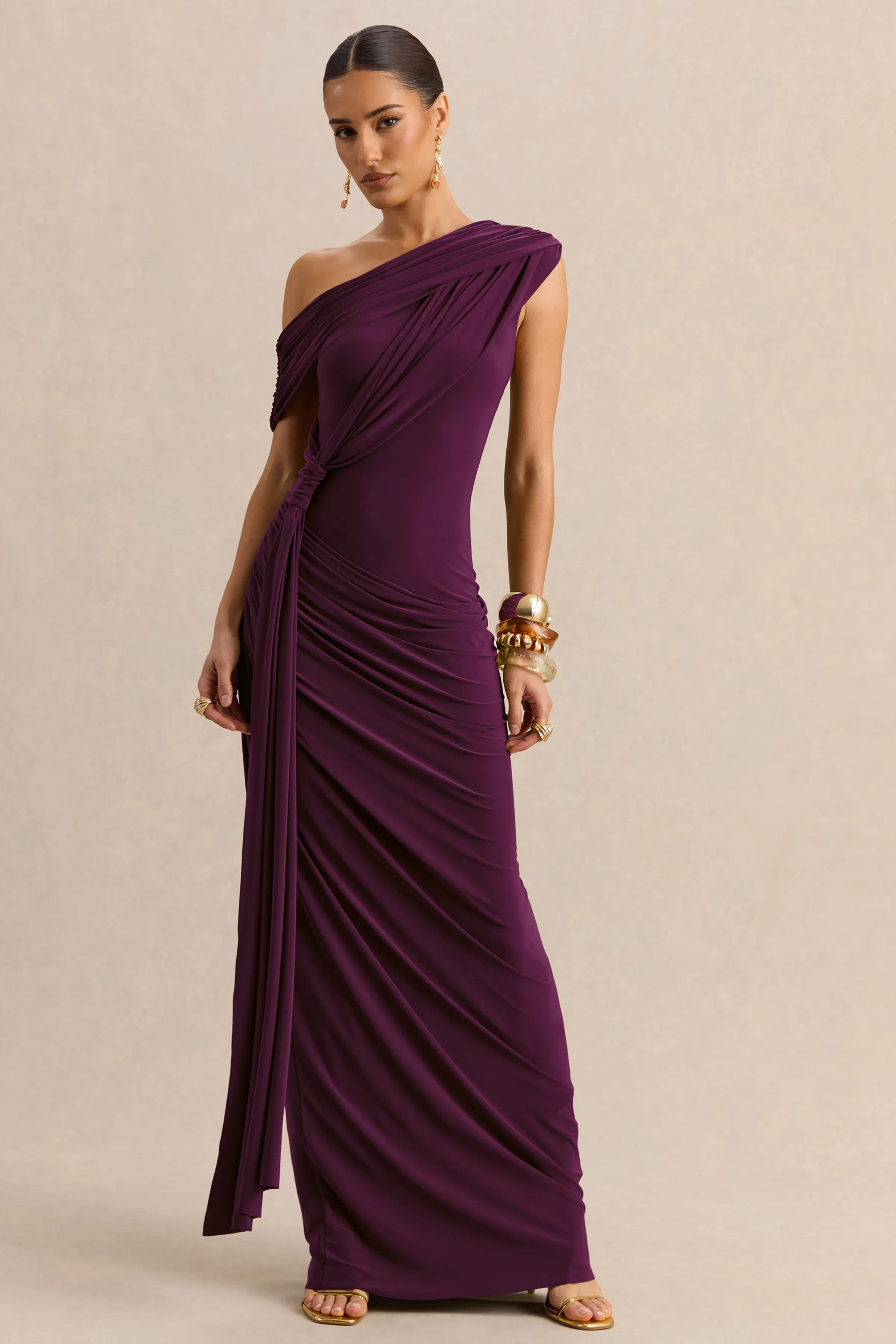 Avialee | Dark Plum Asymmetric-Neck Maxi Dress With Gathered-Detailing And Sash sold by Club L London