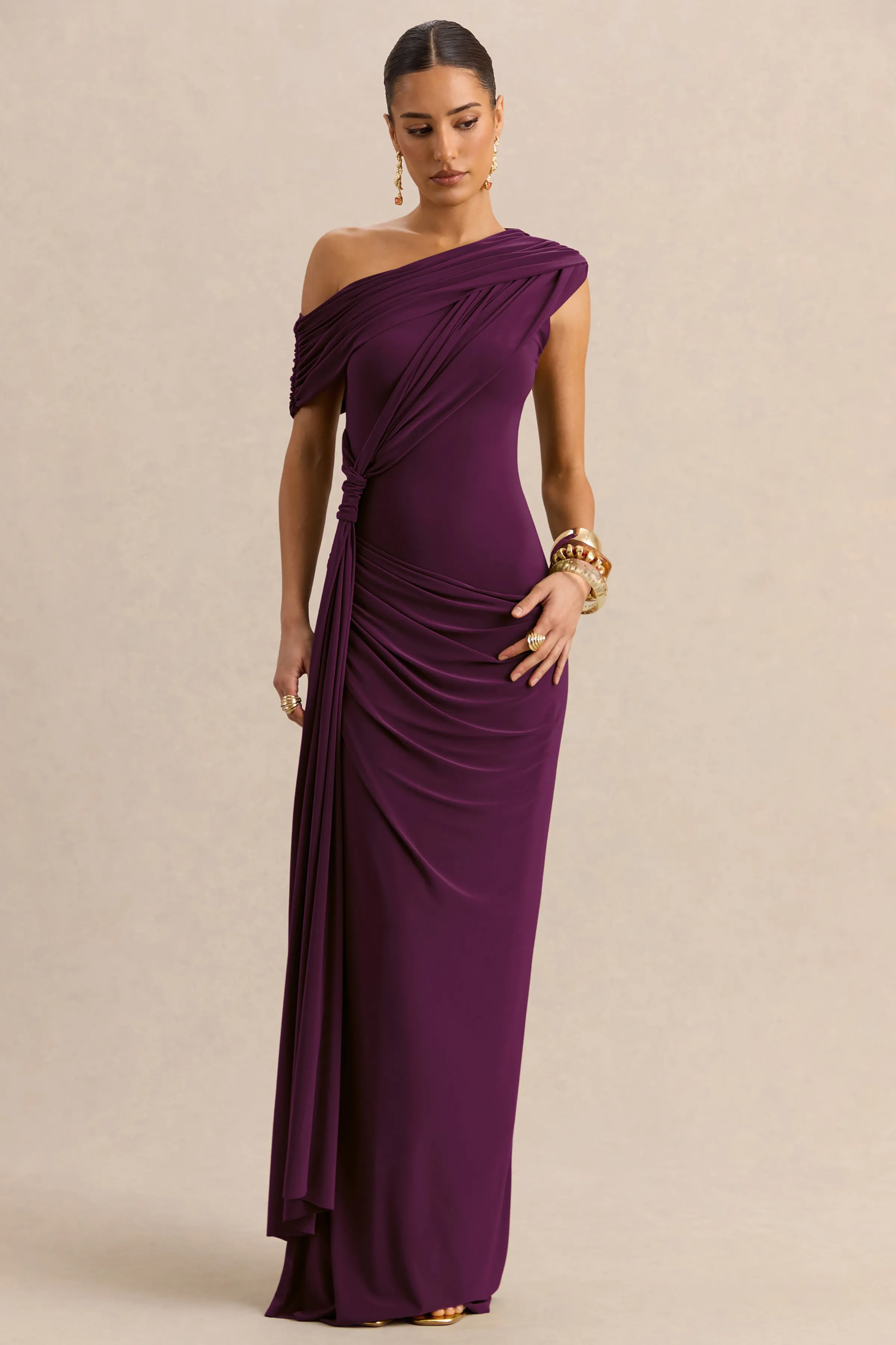 Avialee | Dark Plum Asymmetric-Neck Maxi Dress With Gathered-Detailing And Sash sold by Club L London product image thumbnail 4