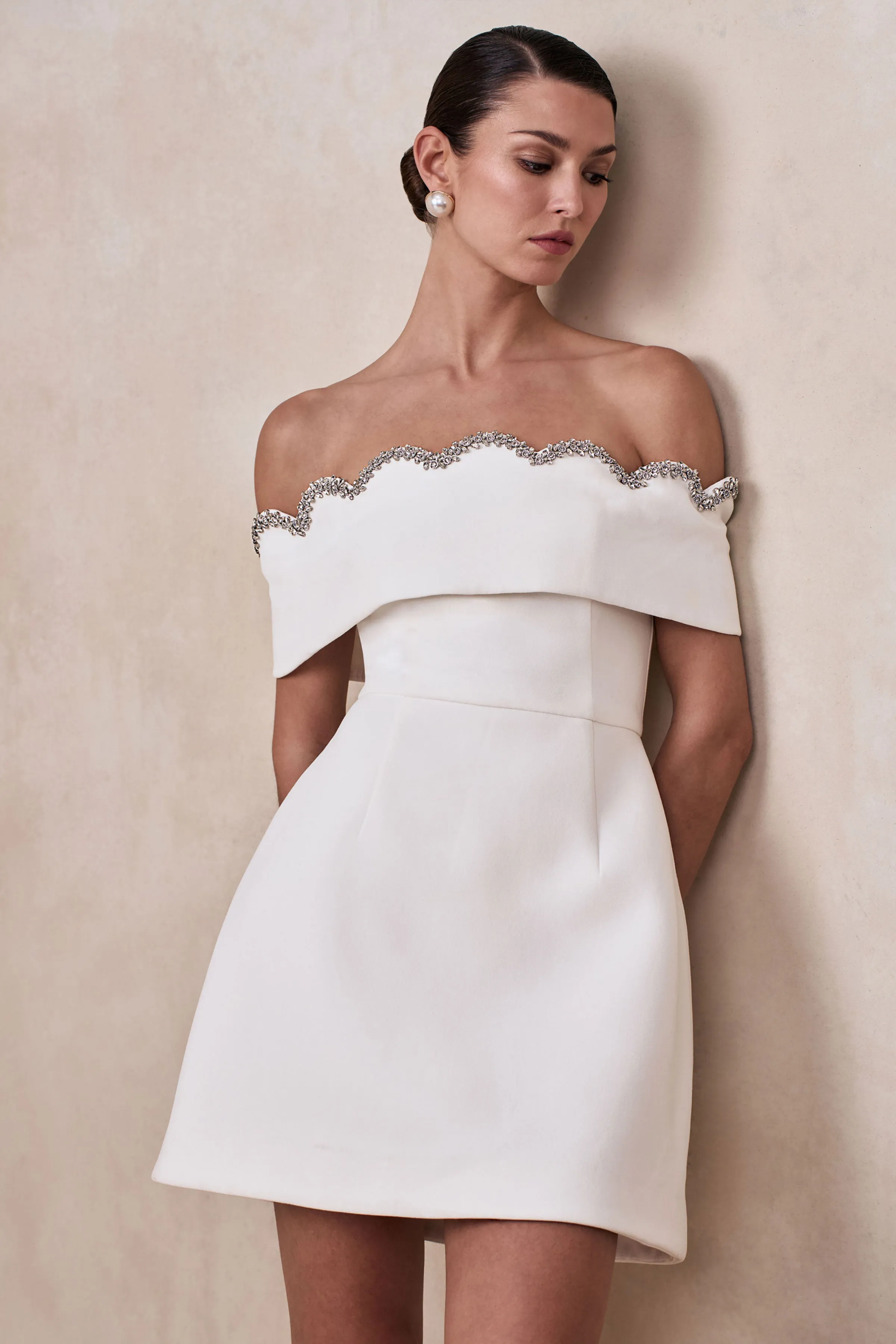 Norella | White Scalloped Bardot-Neck Mini Dress sold by Club L London product image thumbnail 3