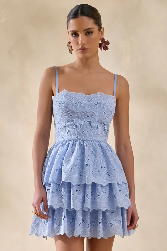 Winona | Powder Blue Lace Square-Neck Mini Dress With Ruffled Detailing made by Club L London