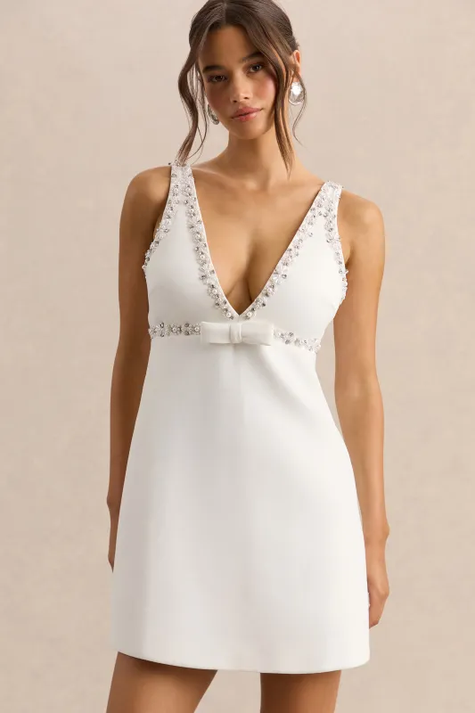 Amely | White Embellished Plunge-Neck Mini Dress With Bow-Detail made by Club L London