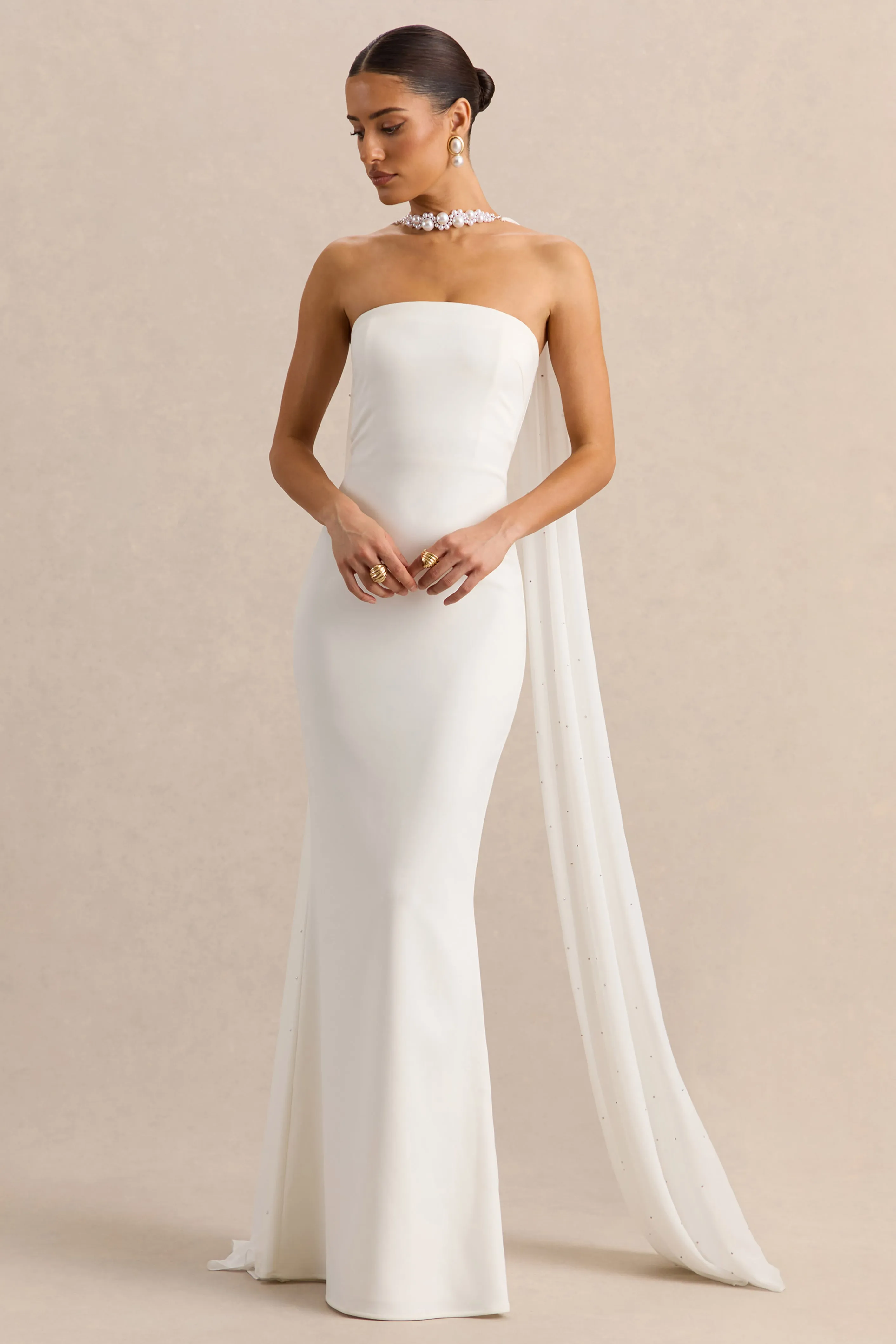Alina | White Bandeau Maxi-Dress With Cape sold by Club L London