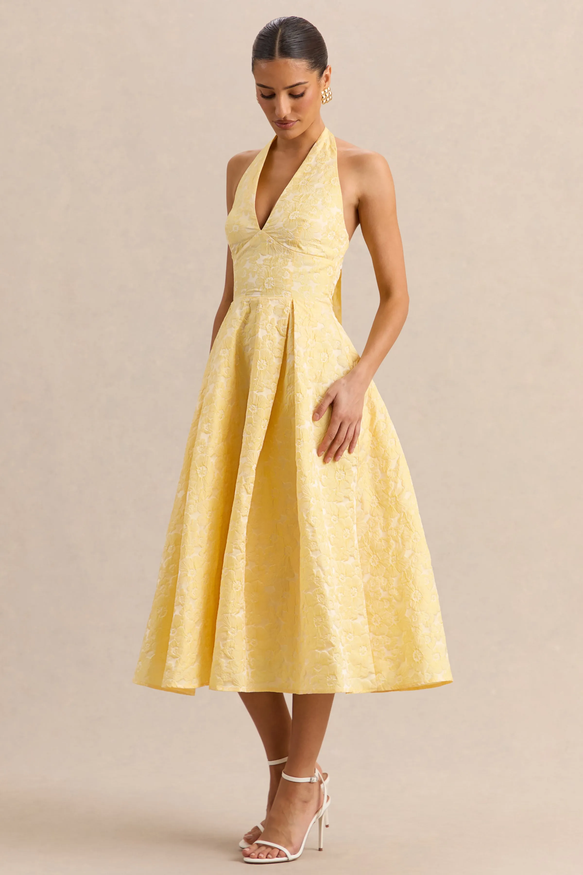 Nyomi | Lemon Satin Halter-Neck Midi-Dress sold by Club L London product image thumbnail 4