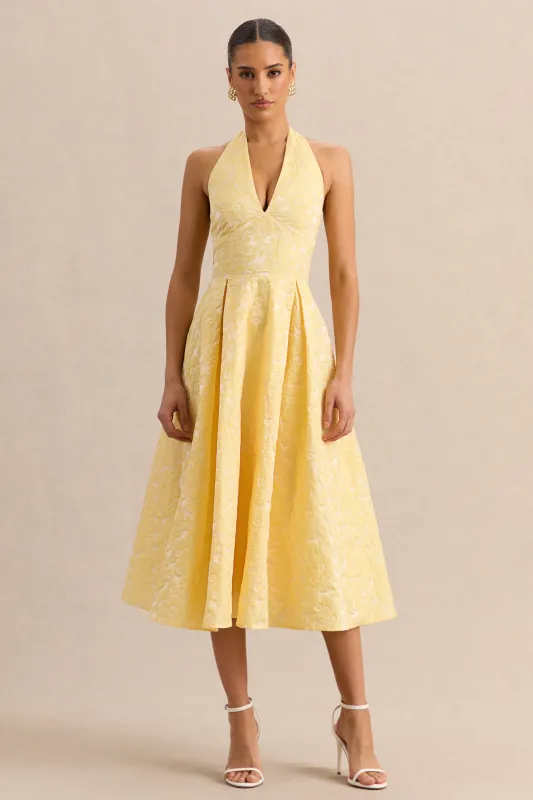 Nyomi | Lemon Satin Halter-Neck Midi-Dress made by Club L London
