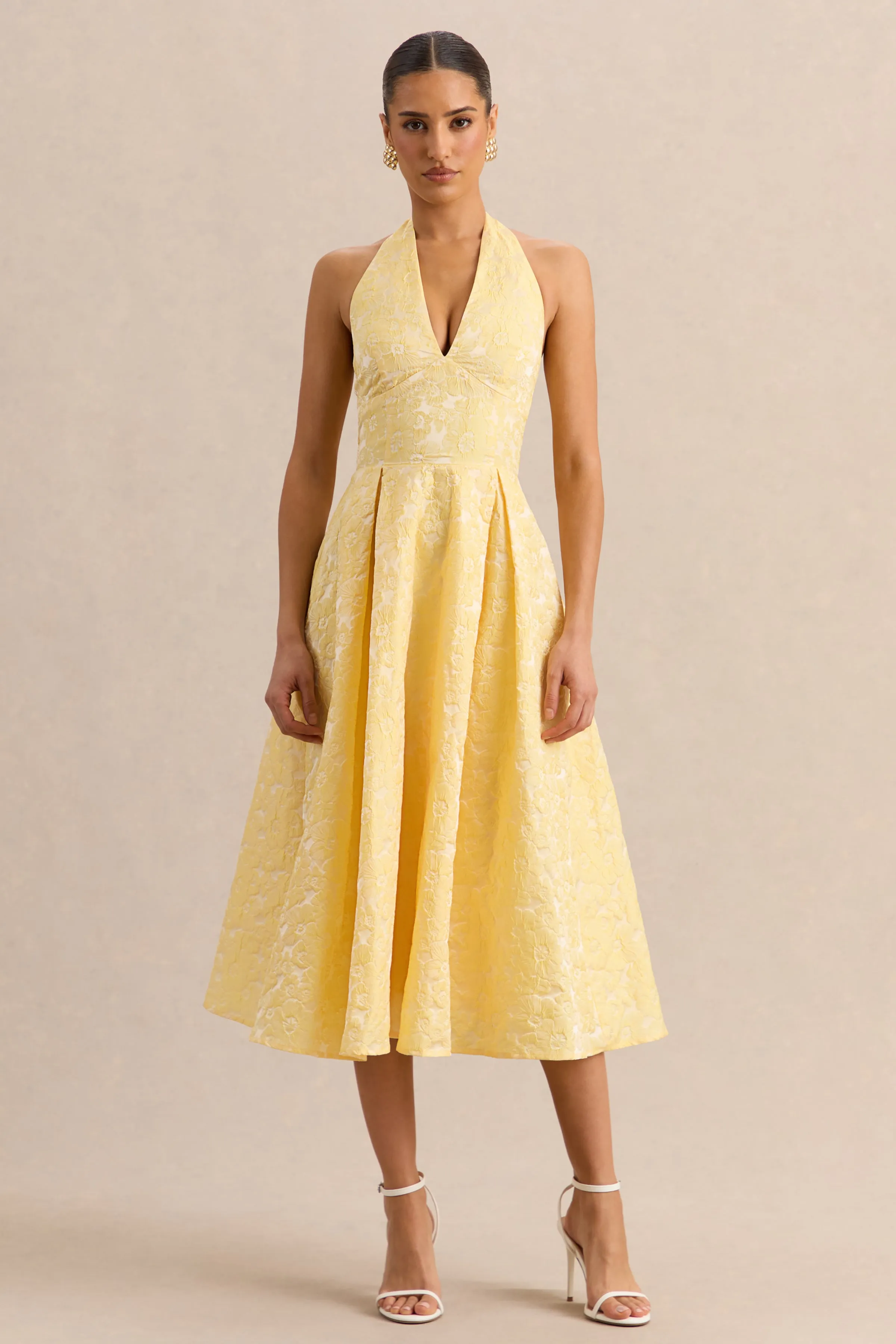 Nyomi | Lemon Satin Halter-Neck Midi-Dress sold by Club L London