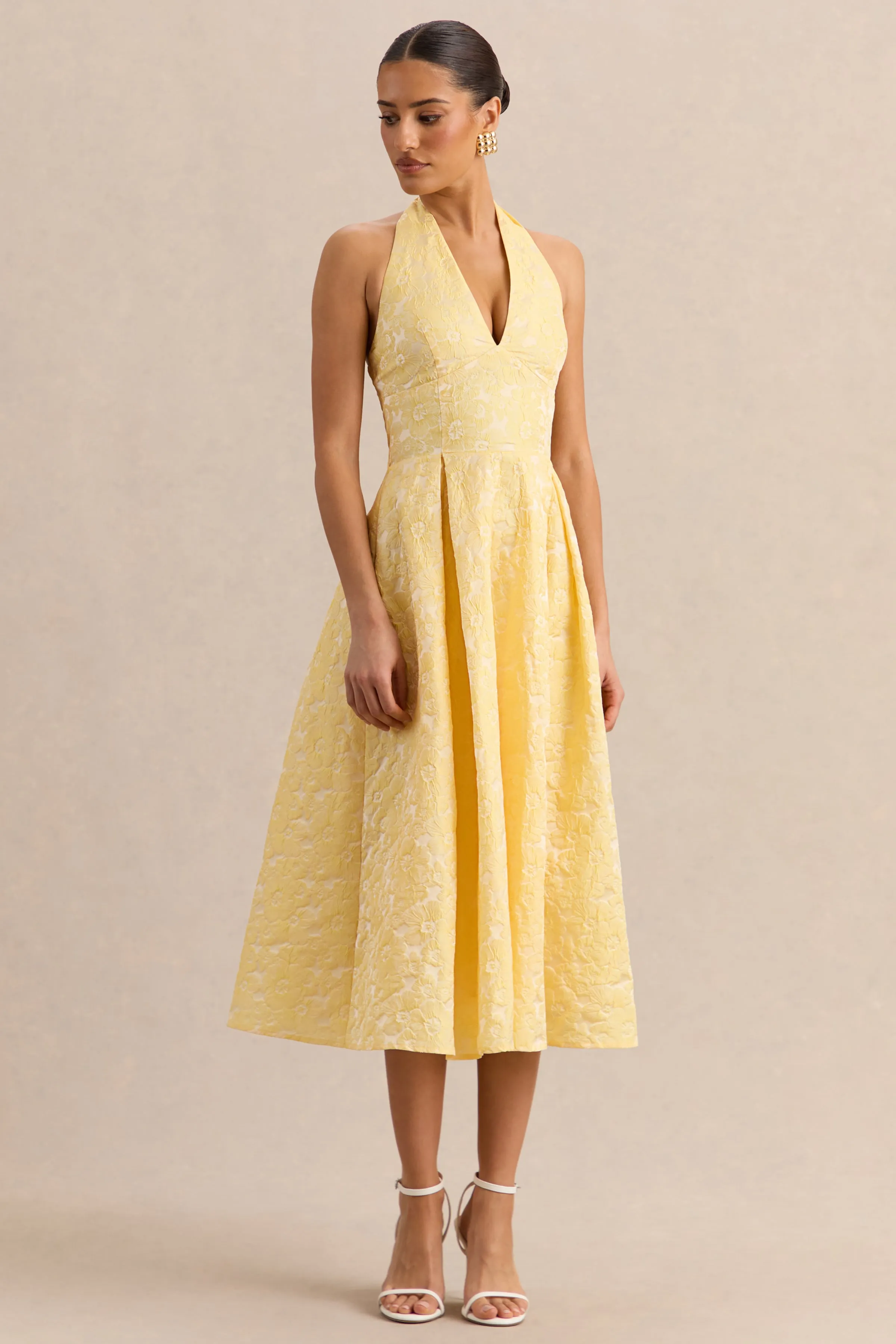 Nyomi | Lemon Satin Halter-Neck Midi-Dress sold by Club L London product image thumbnail 5