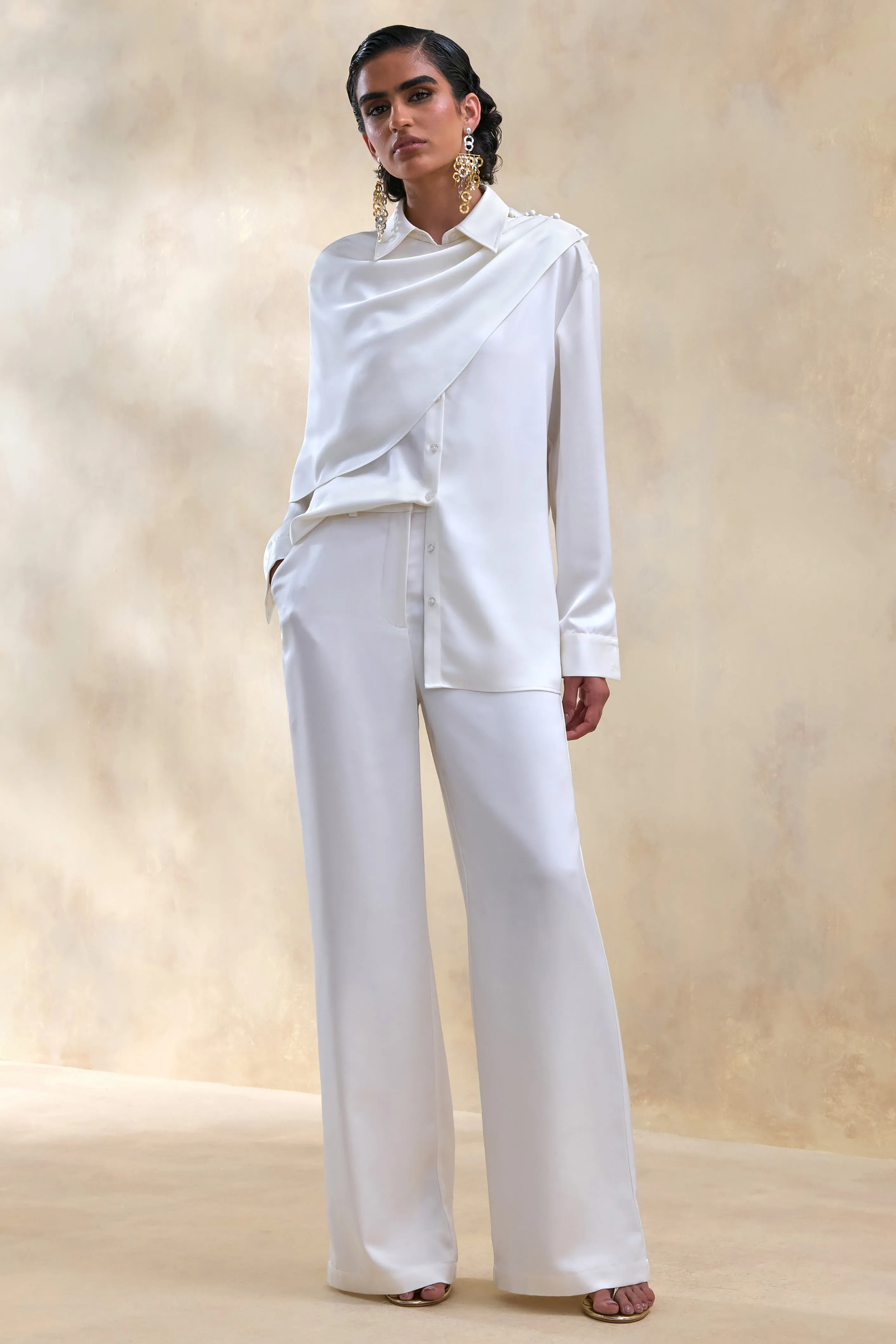 Ilena | Cream Satin Wide-Leg Trouser sold by Club L London product image thumbnail 4