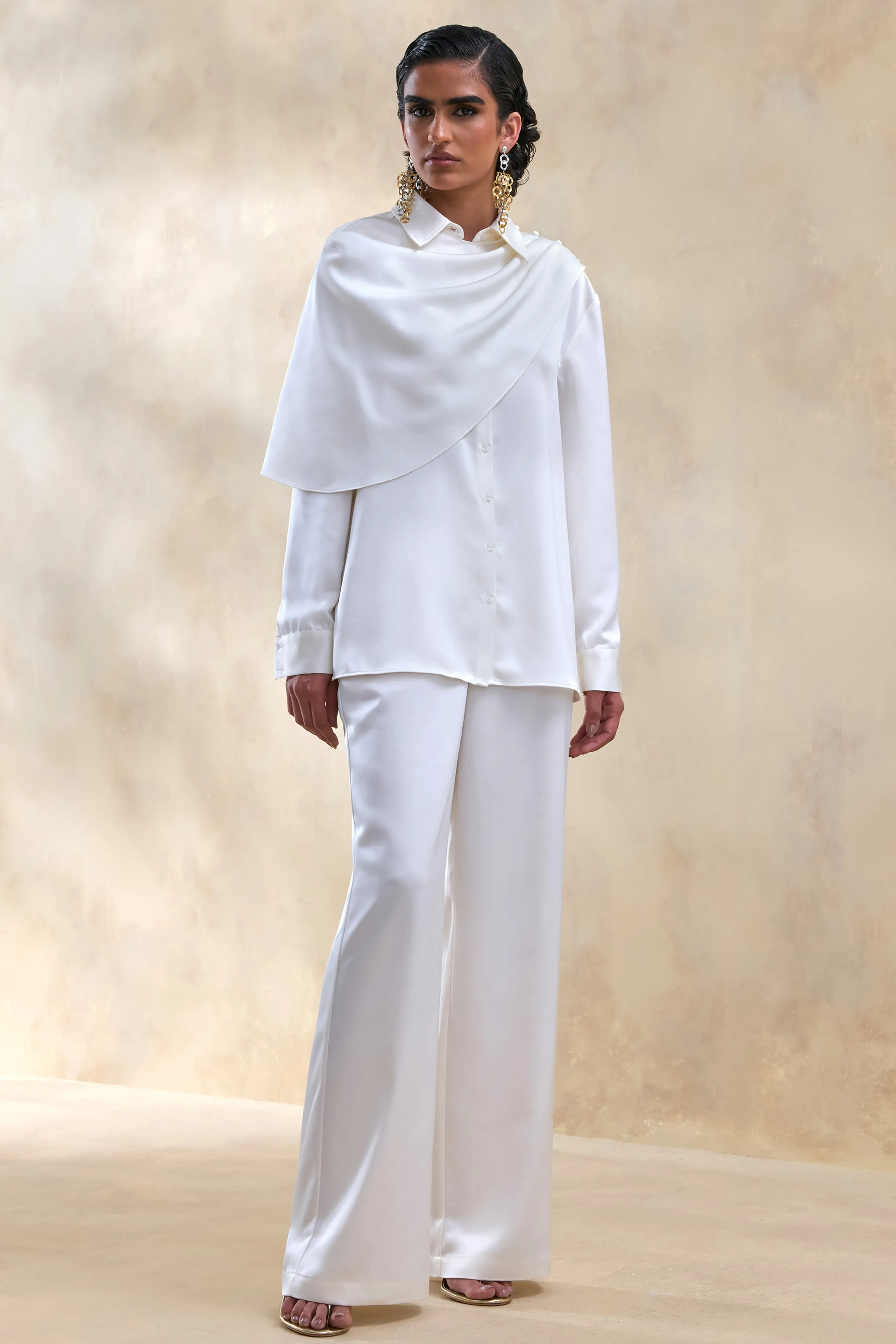 Ilena | Cream Satin Wide-Leg Trouser sold by Club L London product image thumbnail 5