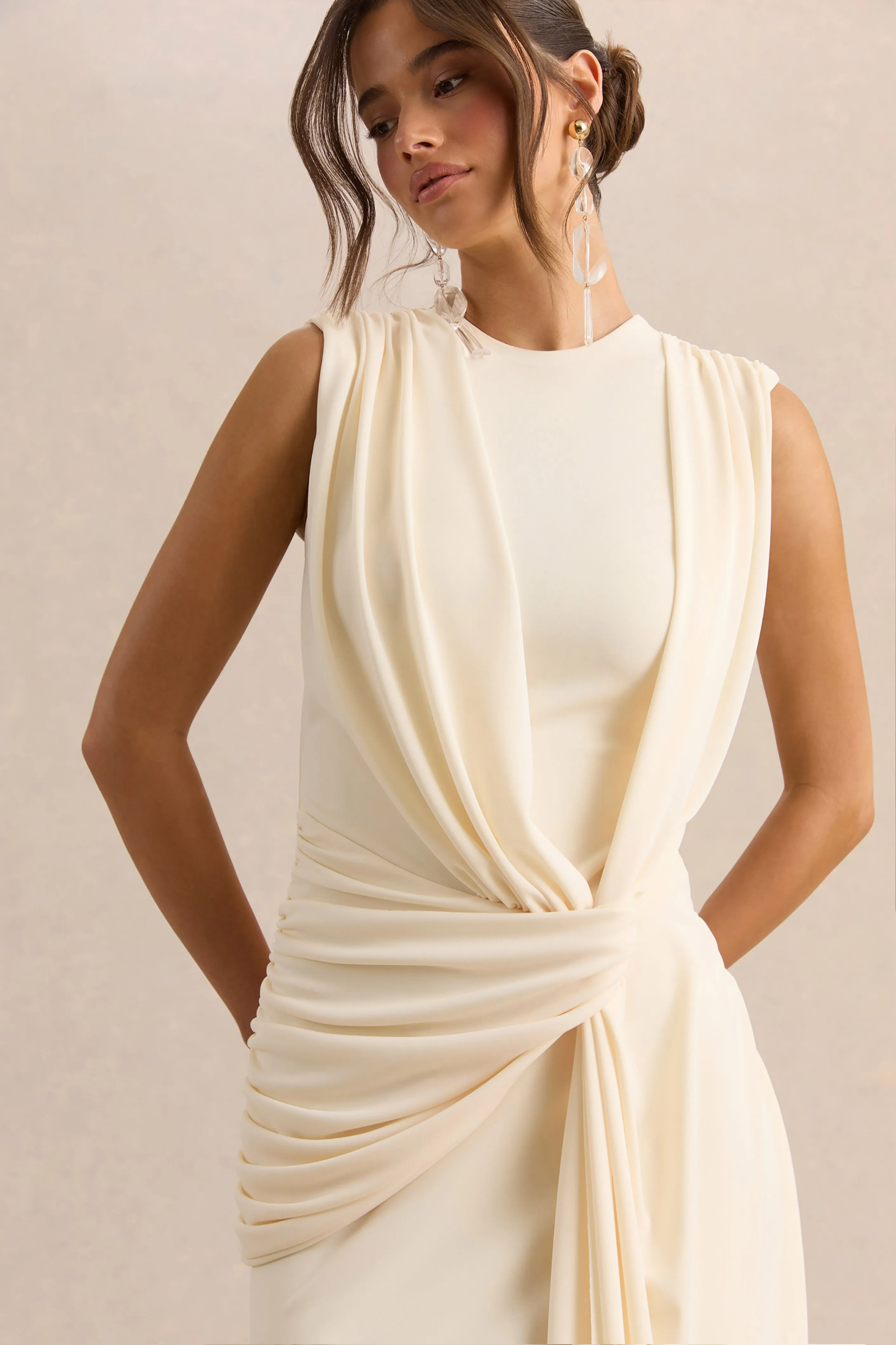Blythia | Cream Round-Neck Maxi Dress With Gathered-Detailing sold by Club L London product image thumbnail 3