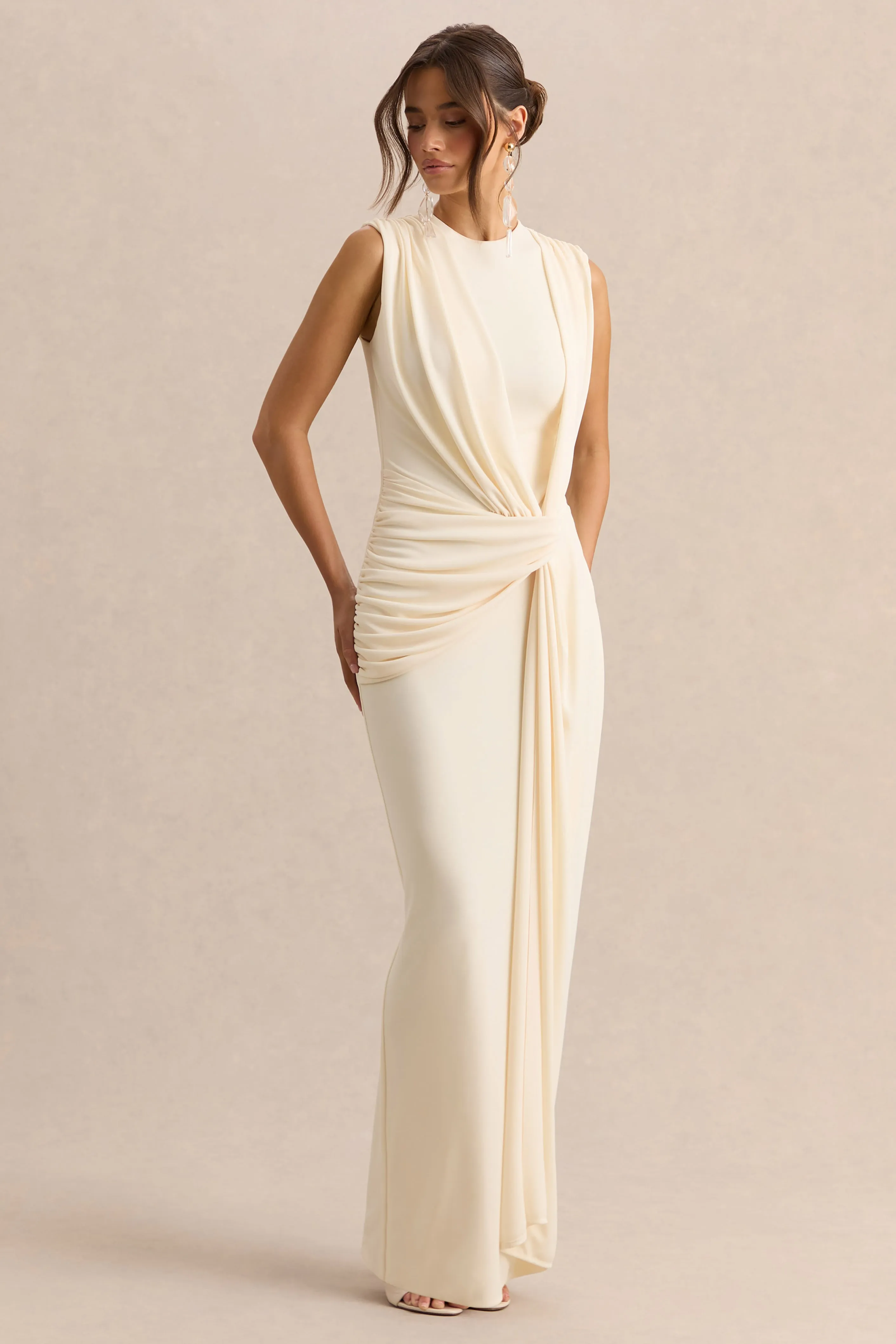 Blythia | Cream Round-Neck Maxi Dress With Gathered-Detailing sold by Club L London product image thumbnail 4