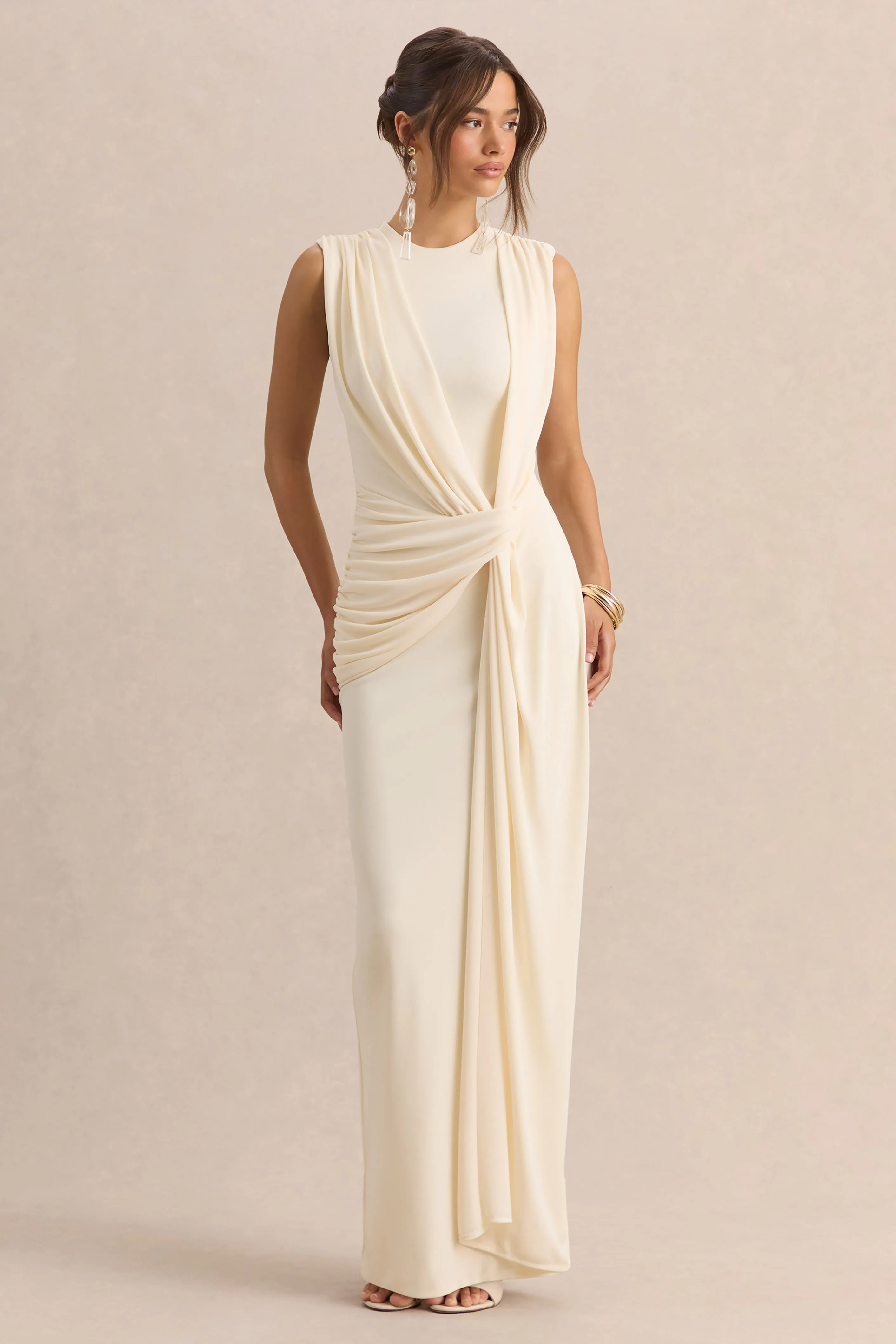 Blythia | Cream Round-Neck Maxi Dress With Gathered-Detailing sold by Club L London