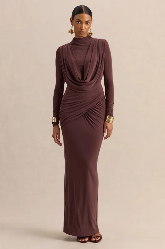 Karinthia | Brown High-Neck Maxi Dress With Draped-Detailing made by Club L London