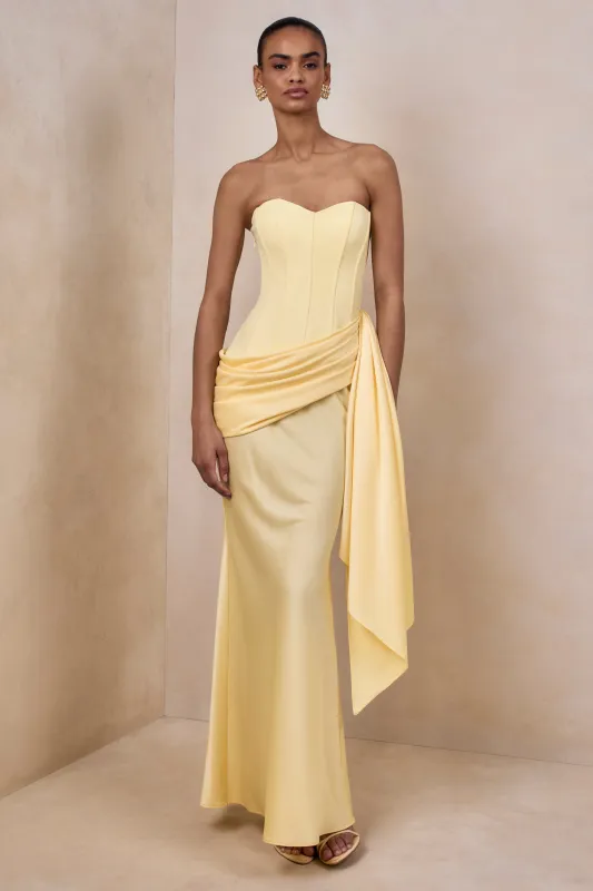 Nalira | Lemon Satin Bandeau Maxi Dress With Draped Skirt made by Club L London