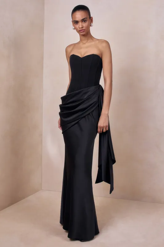 Nalira | Black Satin Bandeau Maxi Dress With Draped Skirt made by Club L London