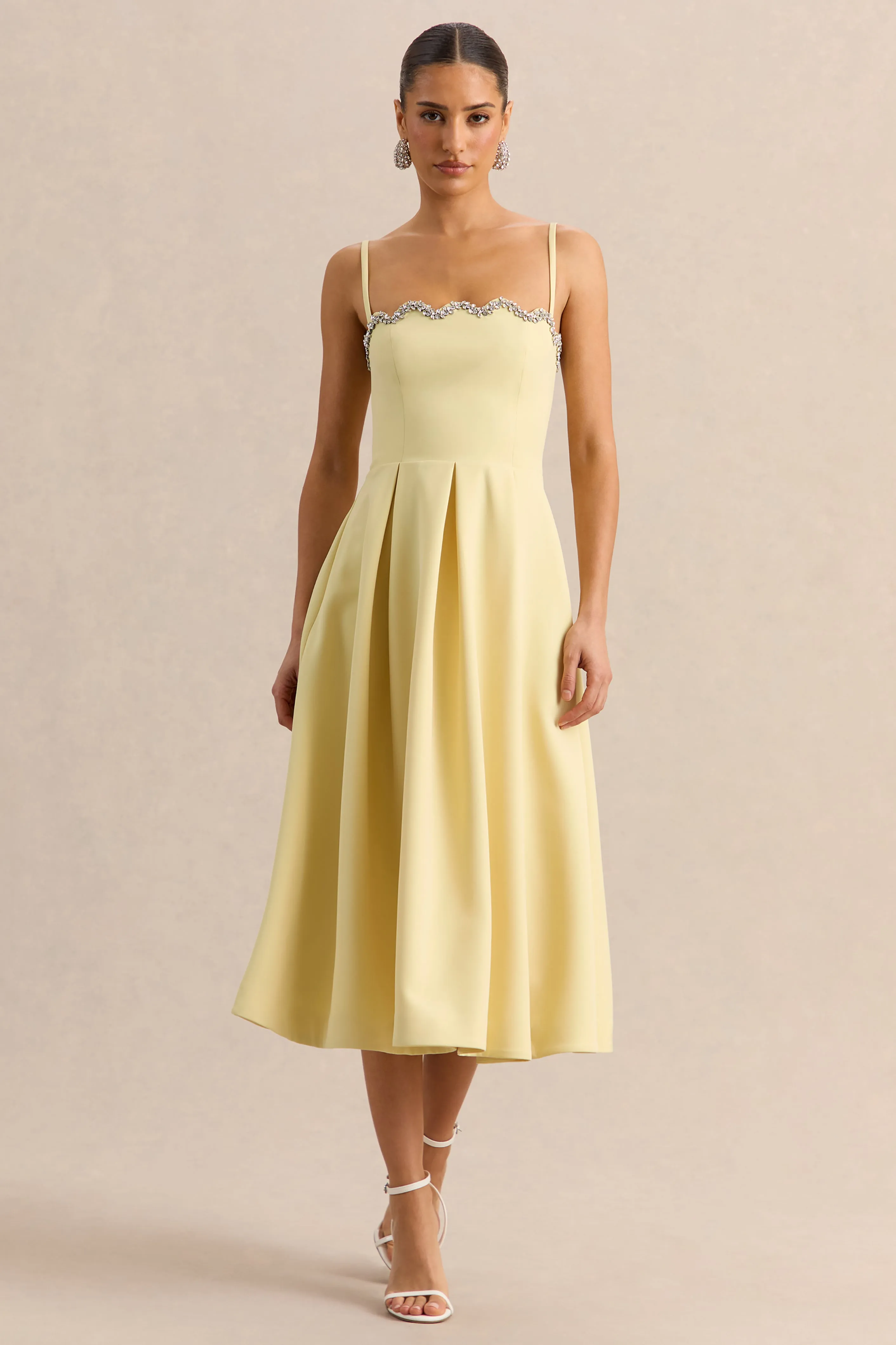 Evoria | Lemon Scalloped Square-Neck Midi Dress sold by Club L London