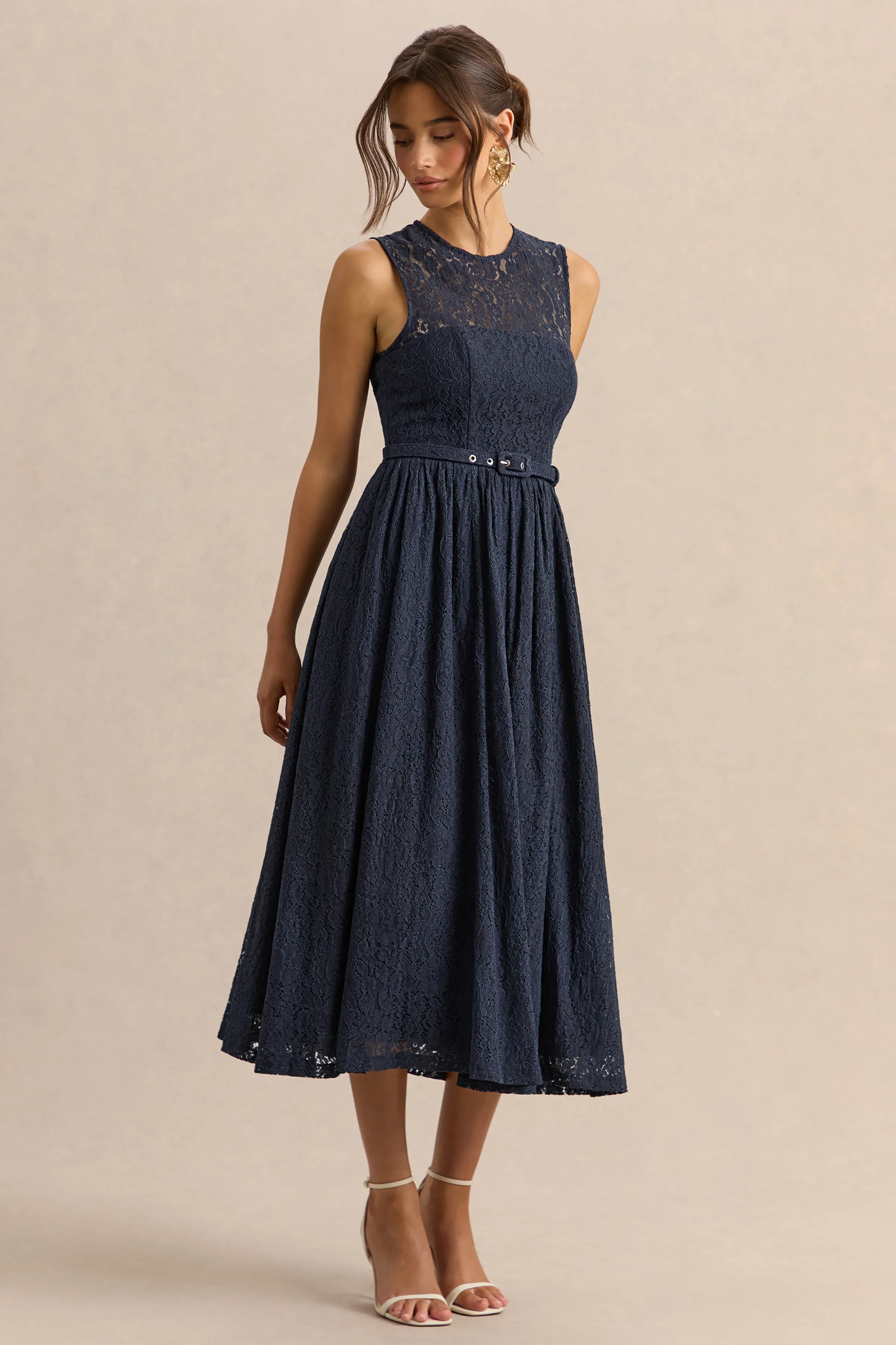 Anabella | Navy Lace Crew-Neck Belted Midi-Dress sold by Club L London product image thumbnail 4