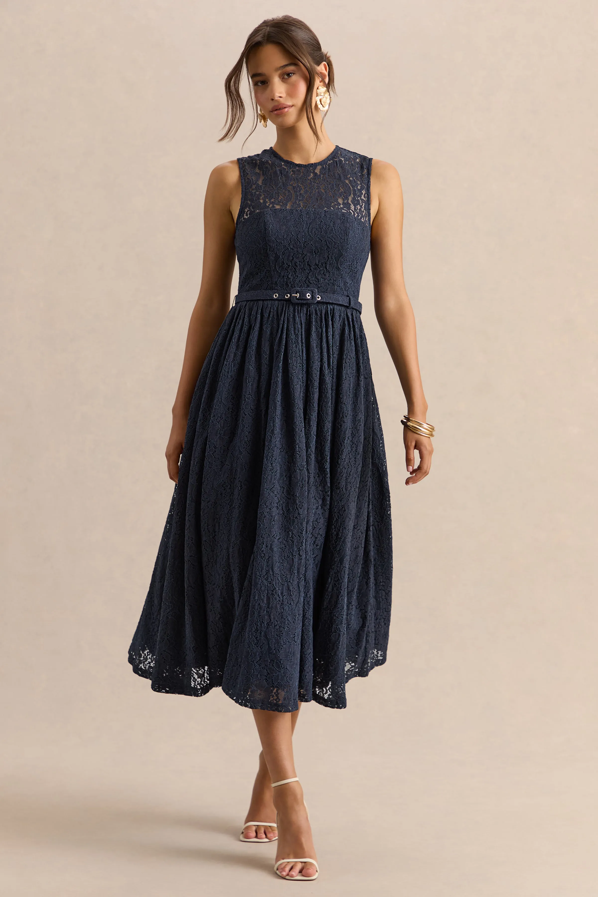 Anabella | Navy Lace Crew-Neck Belted Midi-Dress sold by Club L London