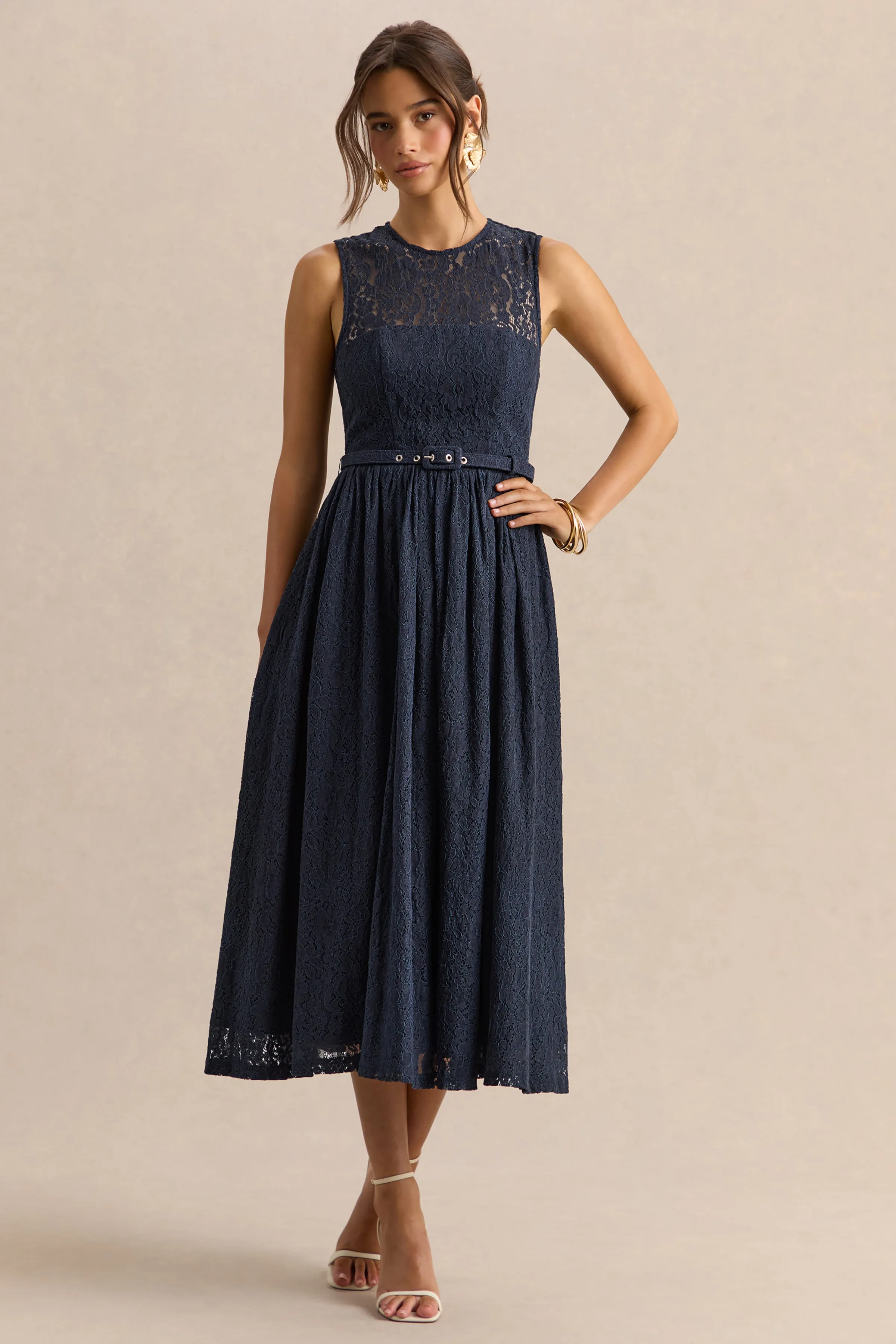 Anabella | Navy Lace Crew-Neck Belted Midi-Dress sold by Club L London product image thumbnail 5