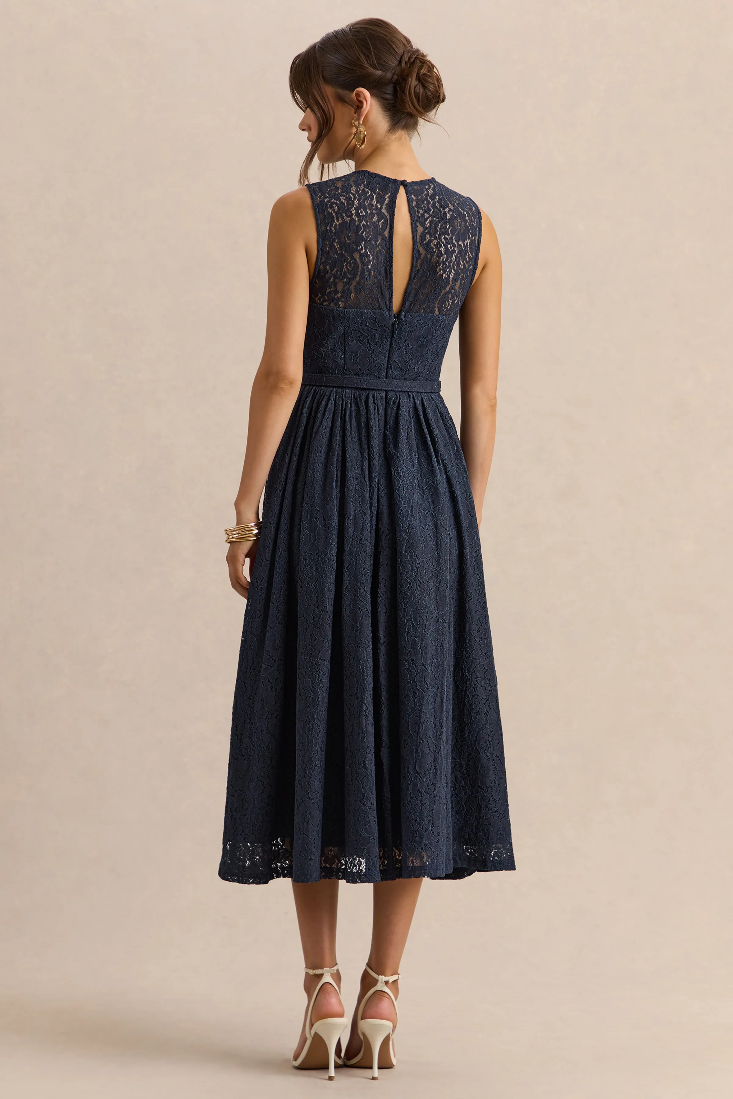 Anabella | Navy Lace Crew-Neck Belted Midi-Dress sold by Club L London product image thumbnail 2